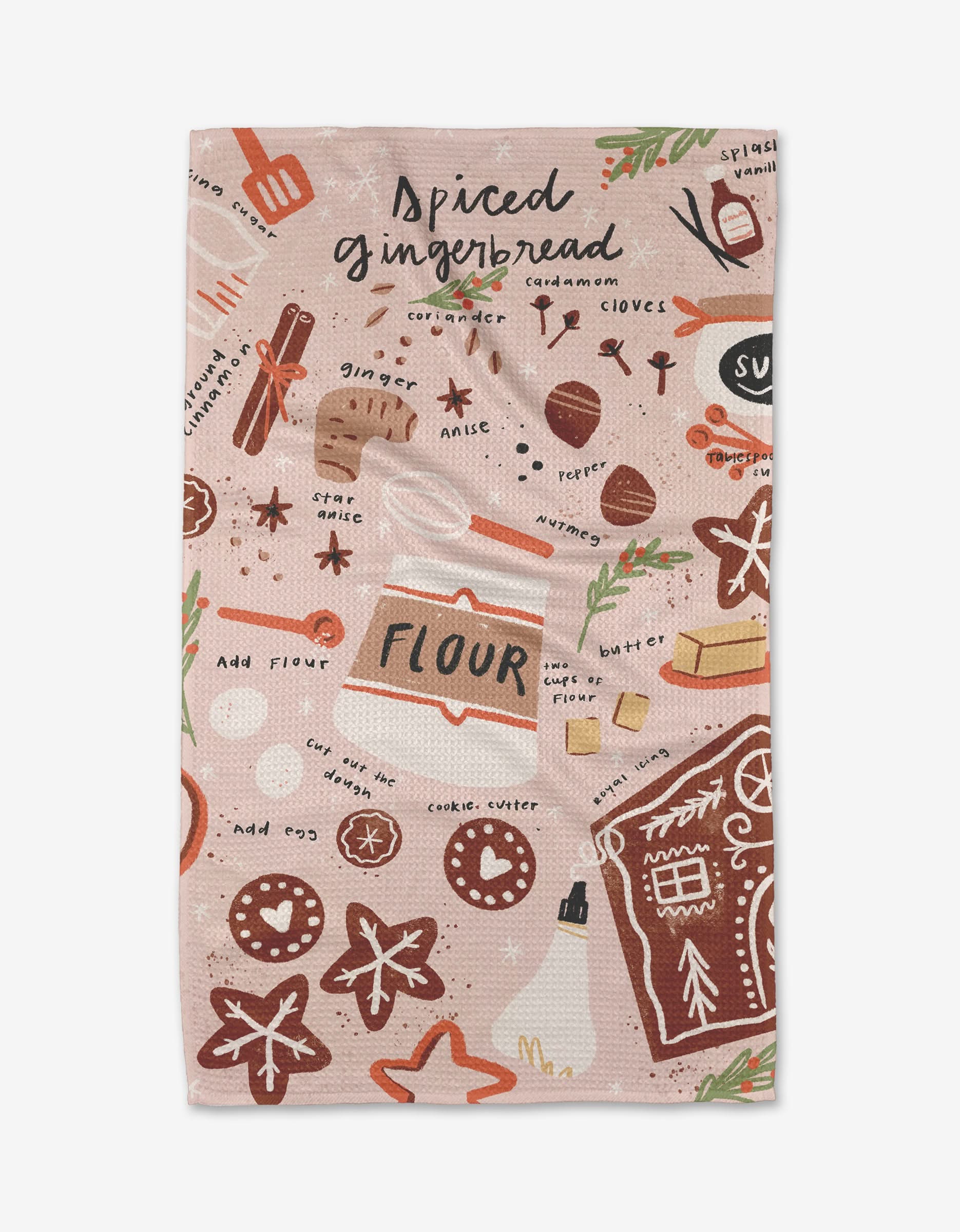 The Spiced Gingerbread tea towel by Janna Sue Design features earthy-toned illustrations of baking essentials and festive gingerbread instructions, all printed on recycled materials.