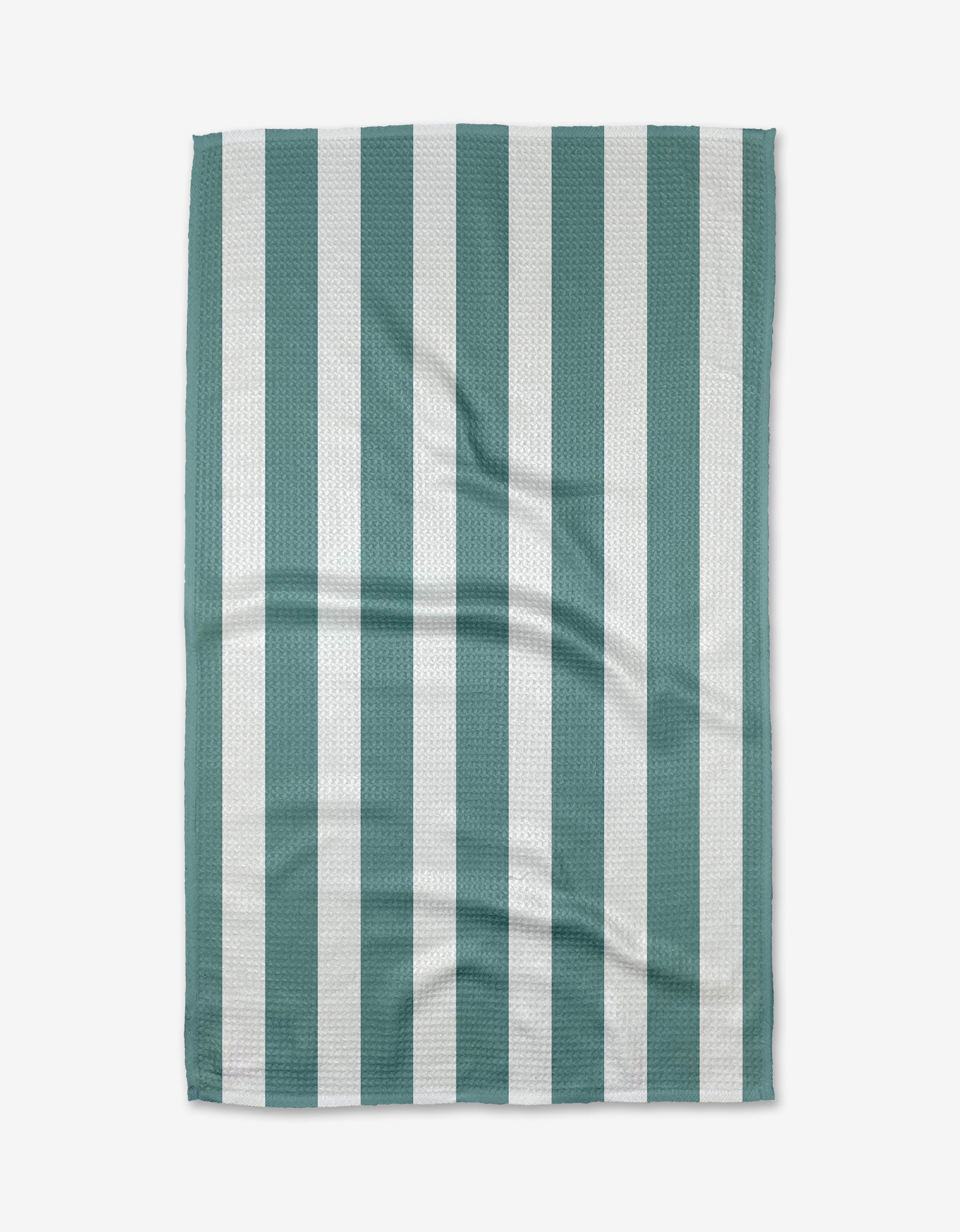 The BetterDays Trim Tea Towel is rectangular with alternating vertical stripes of teal green and white. Displayed flat on a white background, it has a subtle waffle texture, visible creases, and is made from post-consumer recycled materials.