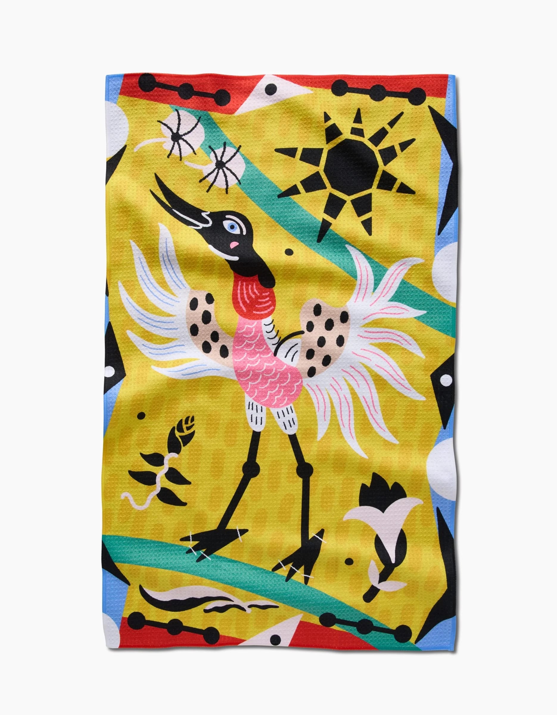 The Camila Leão Tuiuiú Tea Towel features a colorful abstract crane with pink wings, sun, flowers, fish, and dragonflies on yellow Geoweave fabric for extra absorbency.