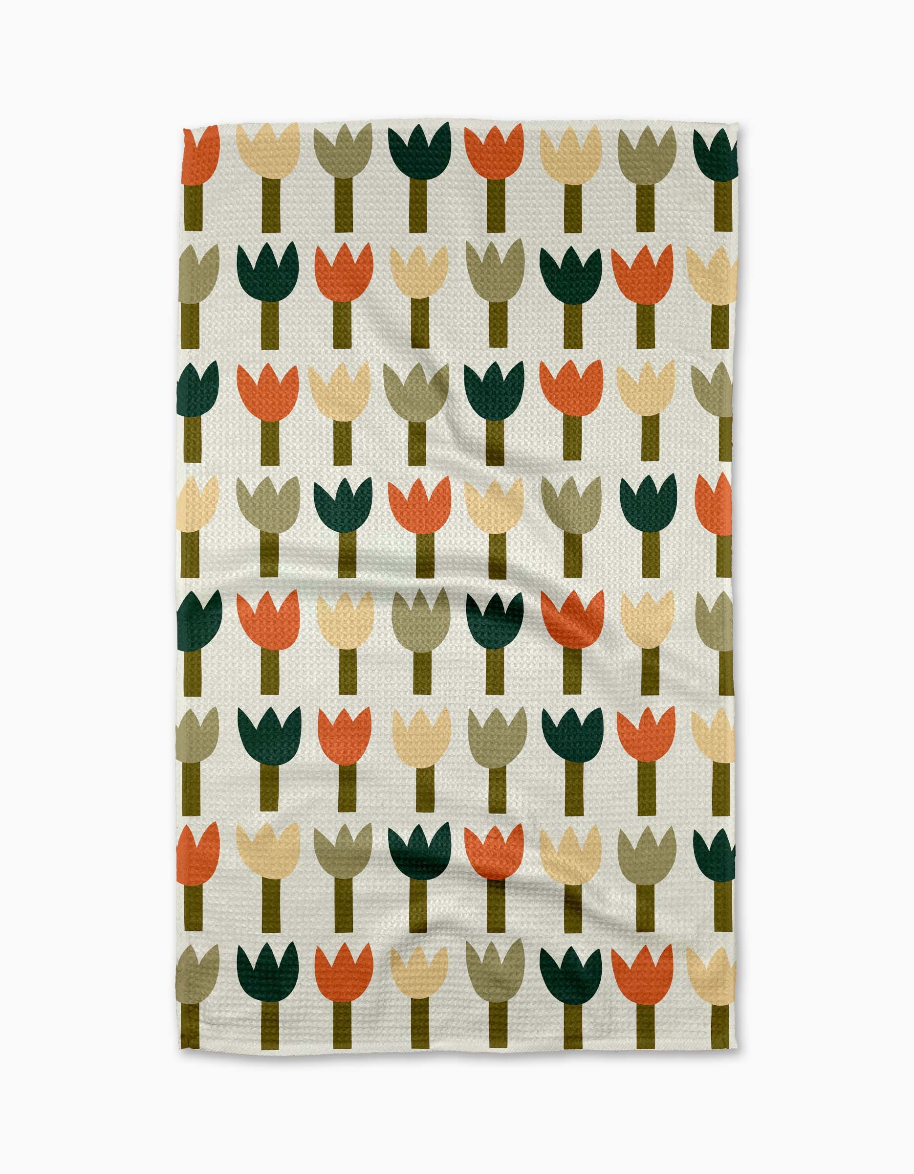 The Tulip Row recycled kitchen towel by Rachel Parker features green, orange, gold, and beige tulips in neat rows on white for a geometric, modern look.