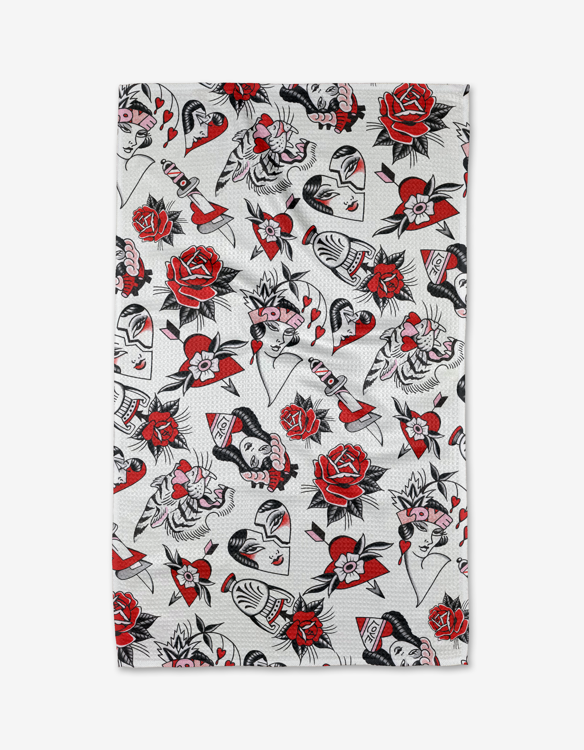 The Valentines Flash tea towel by Cole Strem showcases traditional tattoo-style roses, daggers, swallows, and female faces in red, black, and gray on soft Geoweave fabric for lasting quality.