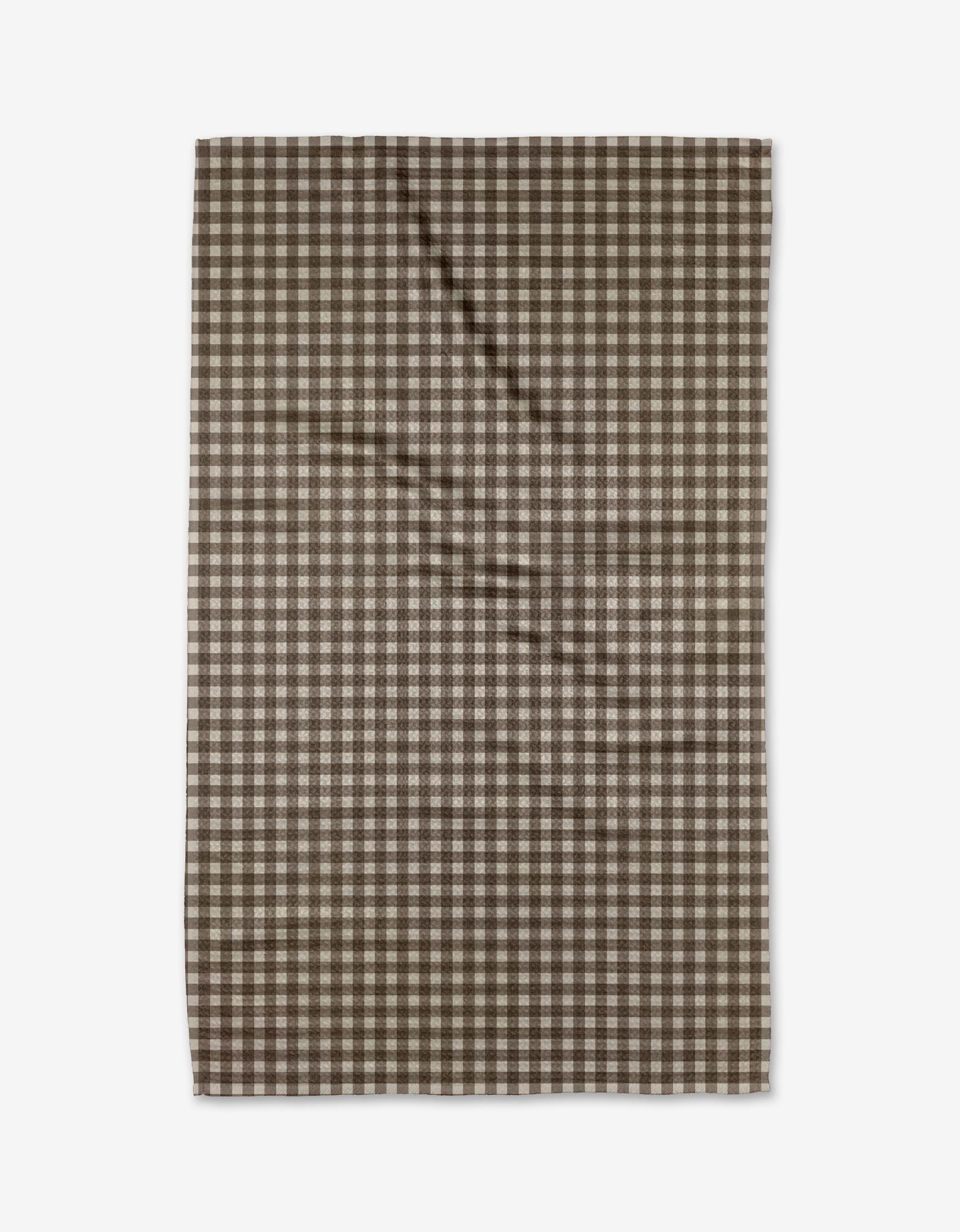 The Jenny Keller Whidbey Check recycled kitchen towel features a rectangular shape and brown and white checkered design, displayed flat on a white background.