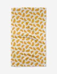 The Aubrey Fairchild Zesty Slice tea towel features a repeating pattern of yellow-orange citrus wedges on eco-friendly Geoweave fabric.