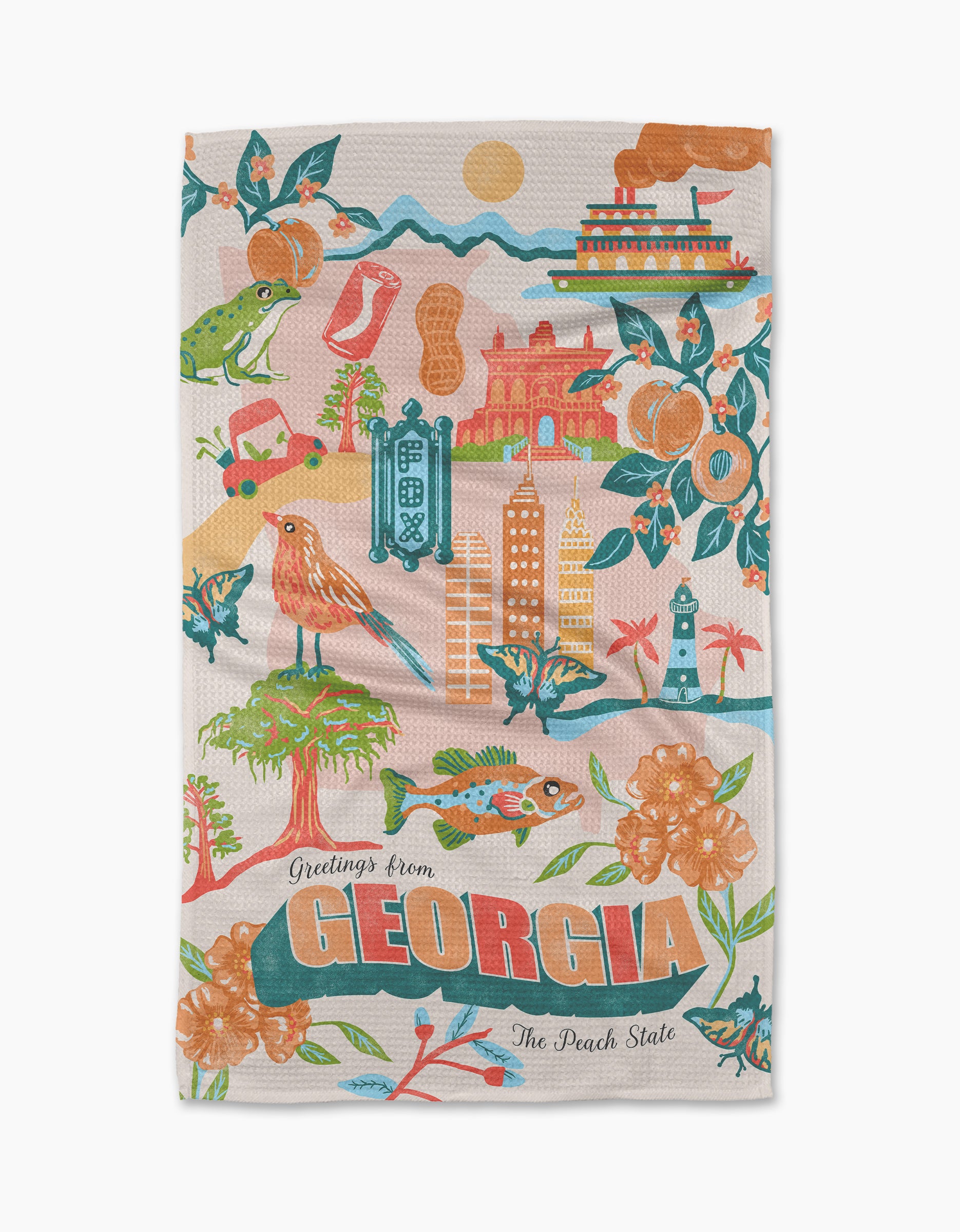 The Geometry "Greetings From Georgia" tea towel features vibrant illustrations of iconic Georgia symbols and the text "Greetings from Georgia The Peach State." Ultra-absorbent, it’s perfect for brightening up your kitchen.
