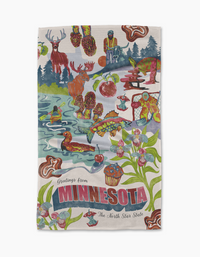 The Geometry Greetings From Minnesota towel features vibrant Minnesota-themed illustrations—moose, loon, canoes, wildflowers, and more—with Greetings from MINNESOTA The North Star State. Ultra-absorbent and perfect as a kitchen tea towel.