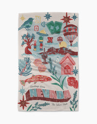 The Geometry Greetings From Nevada Tea Towel is made from post-consumer recycled materials and features a vibrant design with Nevada symbols: bird, hot air balloons, dice, cacti, cowboy boots, red rocks, and casino chips.