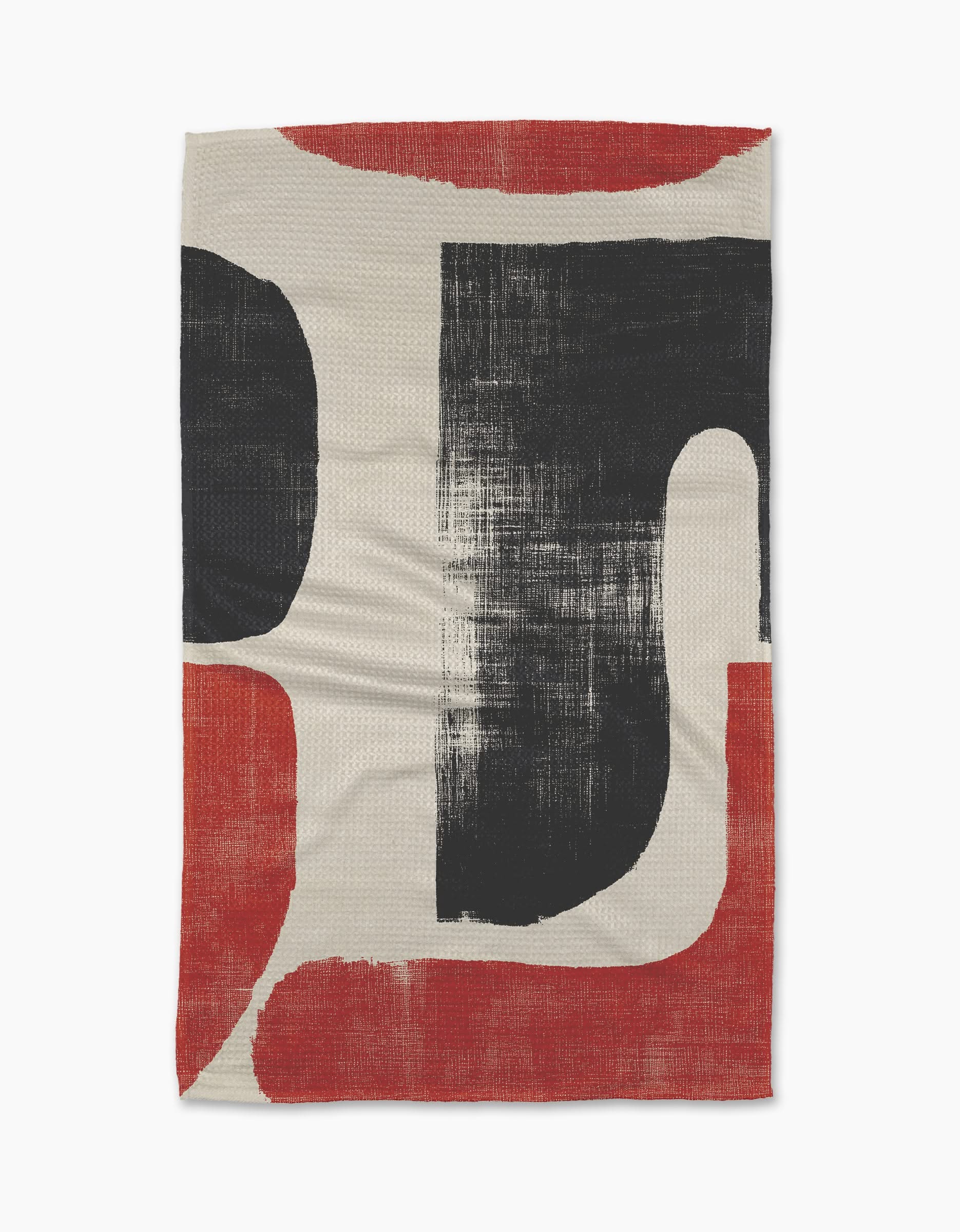 Sway by Geometry is an ultra-absorbent towel with a cream background and bold black and rust-red geometric shapes, featuring rough, textured edges—perfect for adding modern, artistic flair to any space.