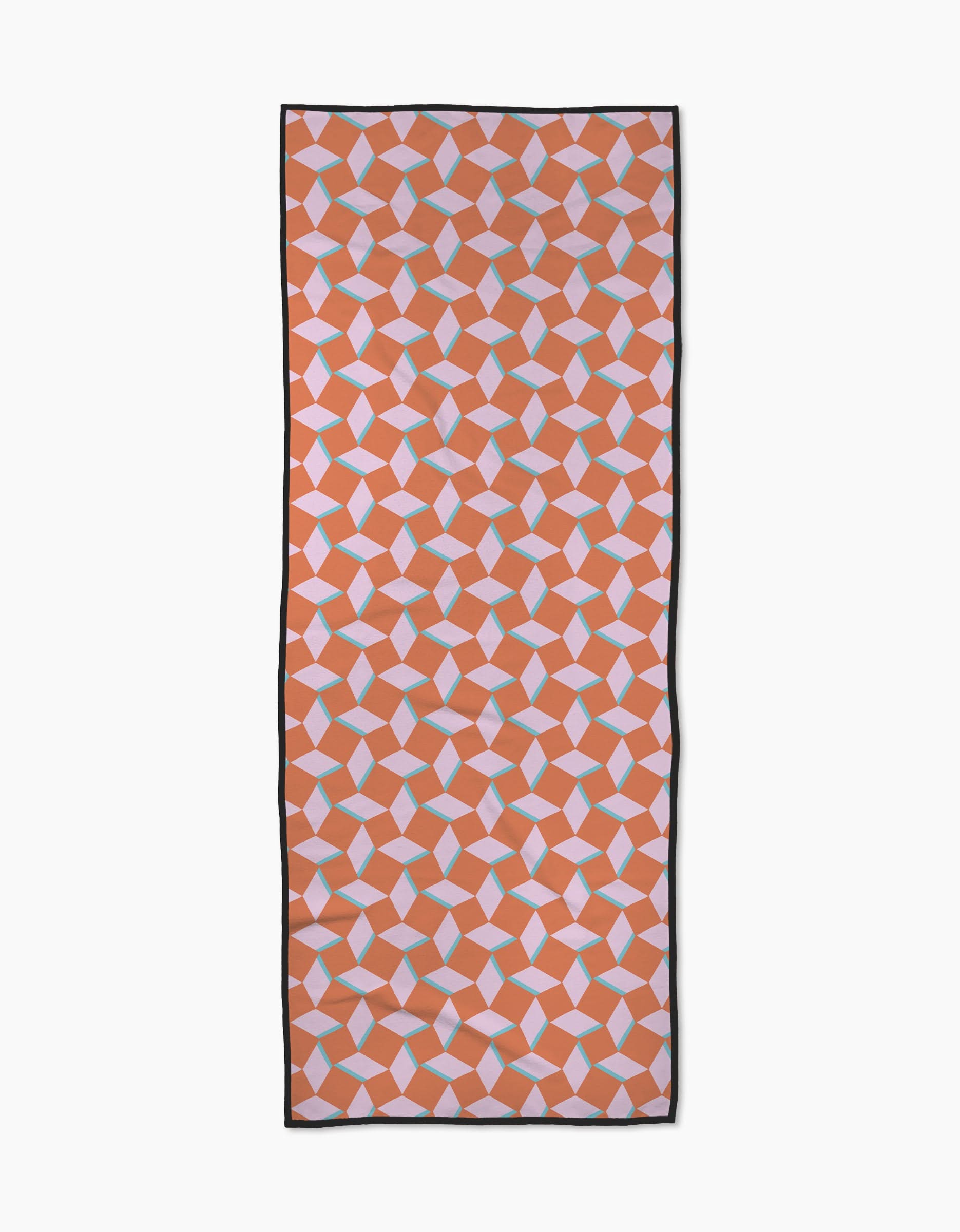 The Circus Stand Pink Orange scarf by Geometry features bold interlocking orange, pink, and light blue shapes with a thin black border. Made from recycled materials, it is shown flat on a white background.