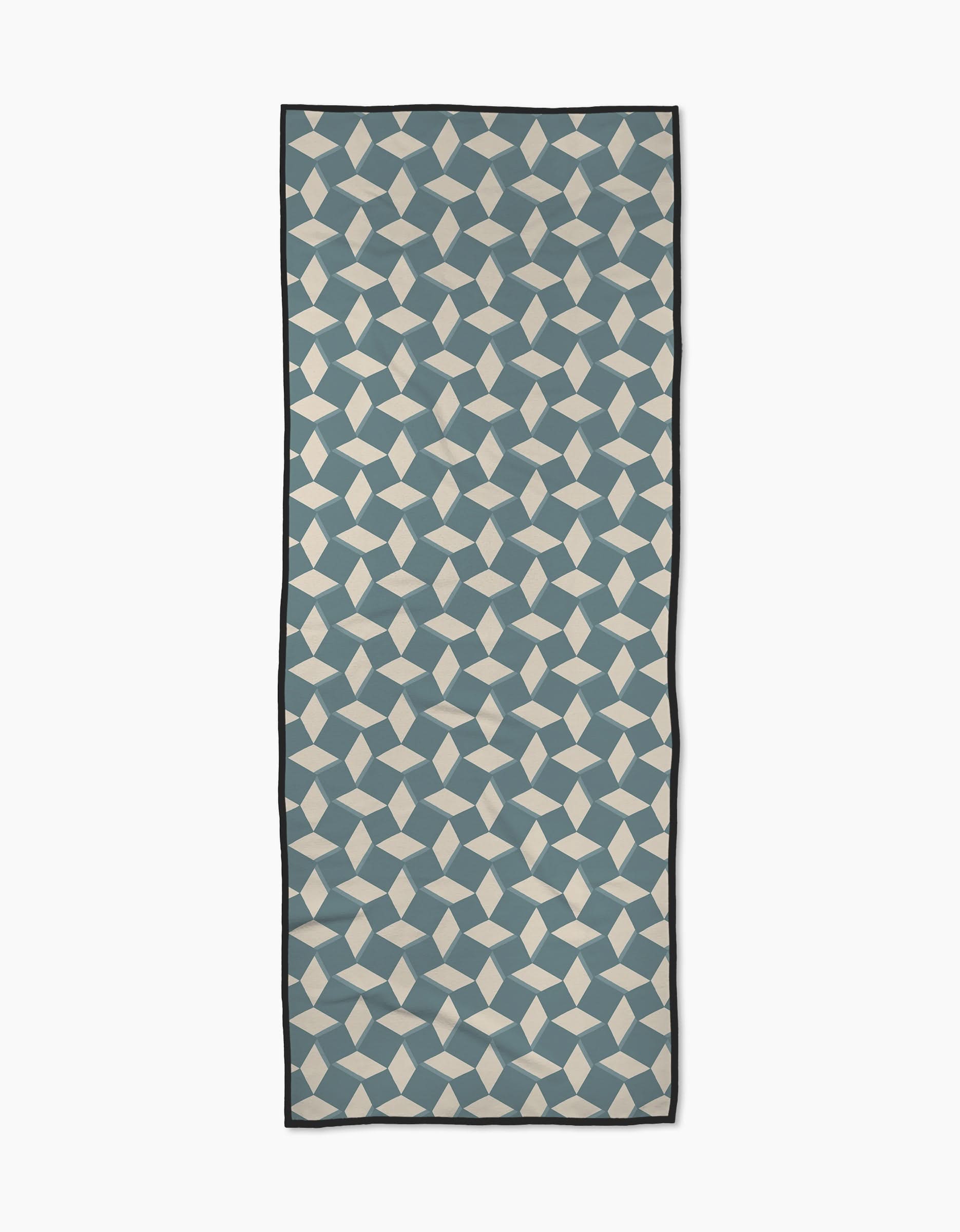 The Circus Stand Teal Cream is a rectangular scarf made from recycled materials, featuring a repeating geometric cube pattern in cream and teal tones with a thin black border, shown on a white background.