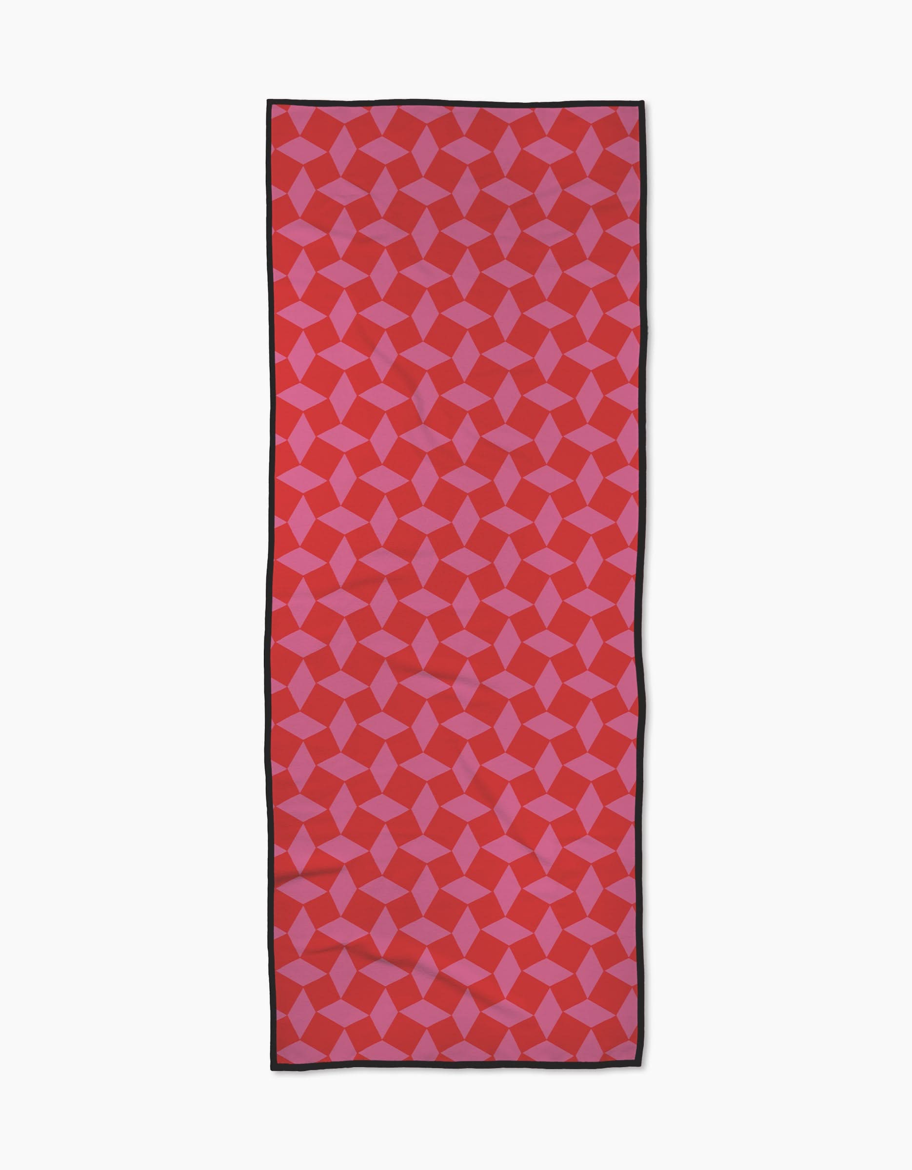 The Geometry Circus Stand Pink Red is a rectangular scarf featuring interlocking red and pink geometric shapes, a slim black border, and crafted from recycled materials, shown flat on a white background.