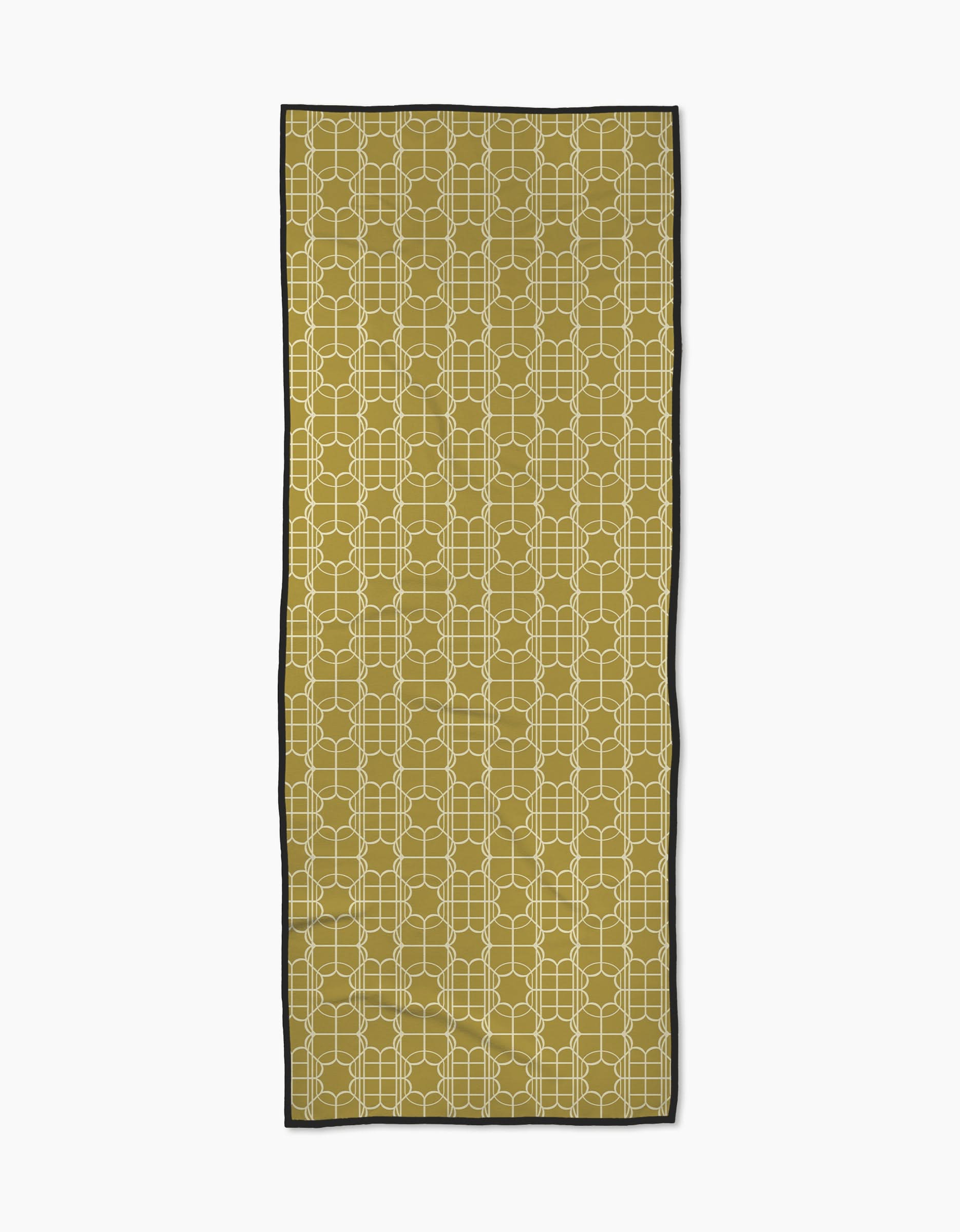 The Geometry Ferran is a rectangular yoga towel with a geometric pattern of light yellow lines on an olive green background, made from recycled materials and finished with a black border.