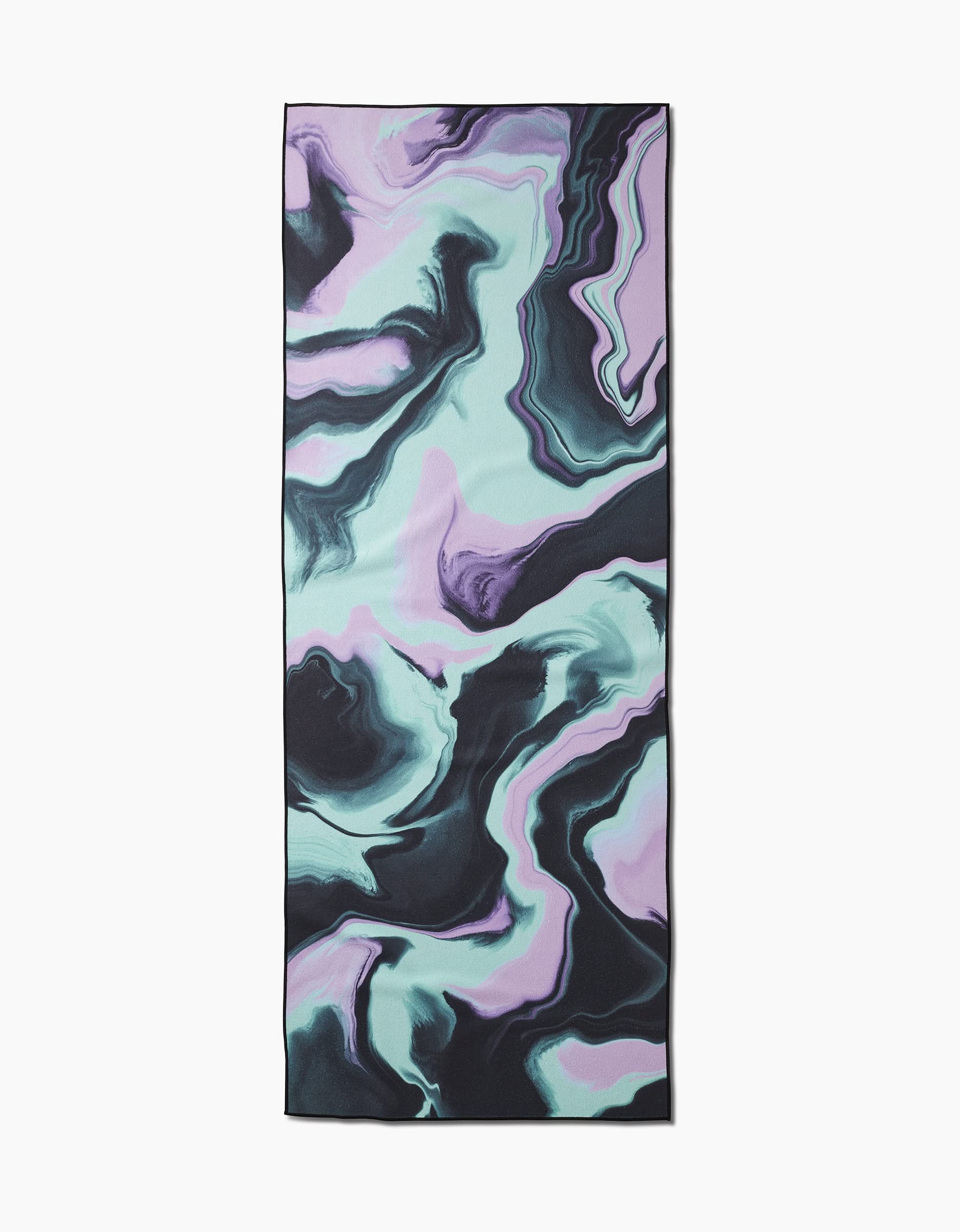 The GEOMETRY Marble yoga towel is rectangular and slip-resistant, featuring a marbled pattern of black, mint green, and lavender with abstract swirls across the surface.