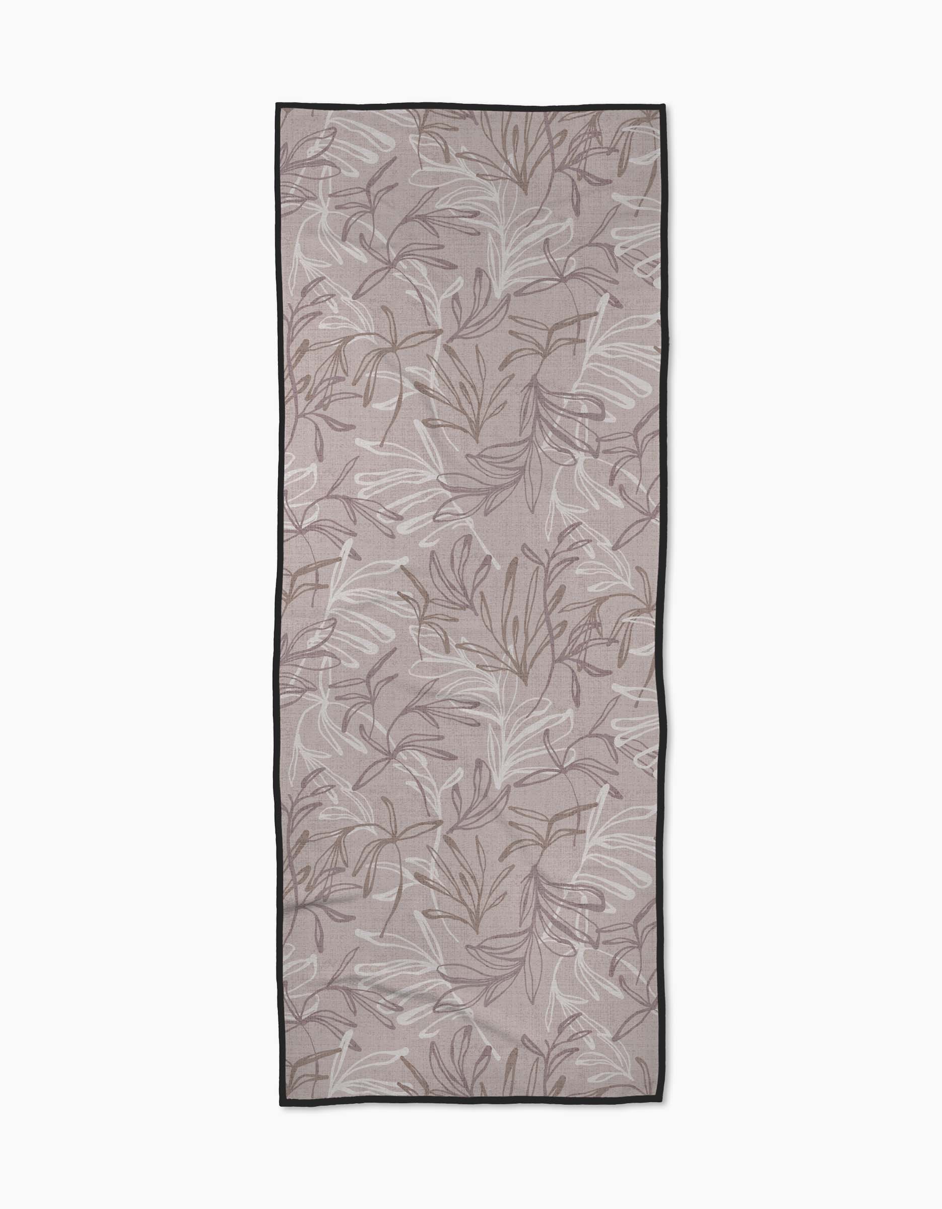 Muted Meadow by Kris Ruff is a rectangular yoga towel with a light brown background and abstract leafy patterns in white, taupe, and brown, bordered by a thin dark edge—designed for slip resistance during your yoga practice.