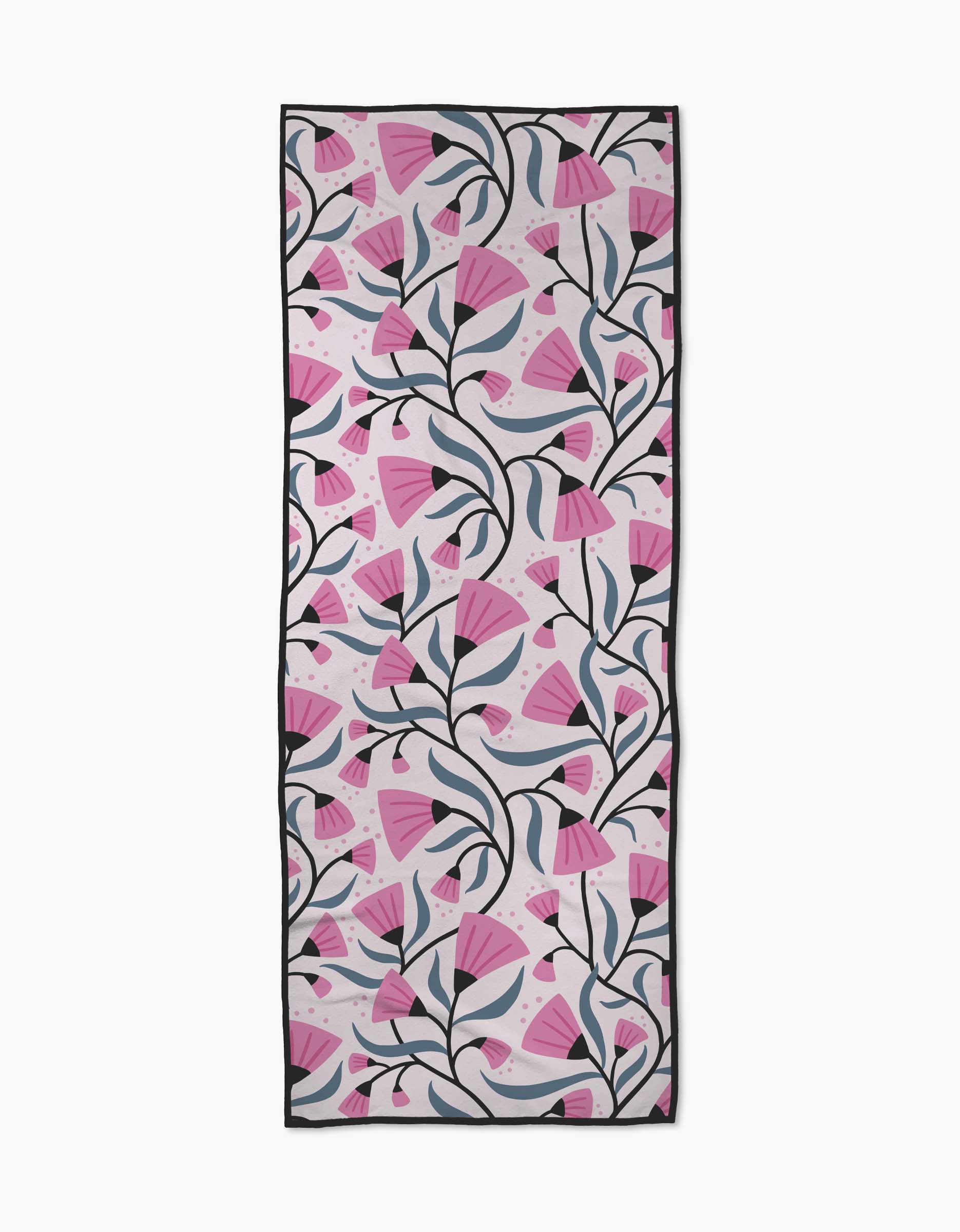The Petal Symphony yoga towel by Anette Heiberg features an abstract, modern pattern of pink flowers with dark stems on a light background, framed by black borders. This rectangular towel is non-slip and perfect for stylish practice.