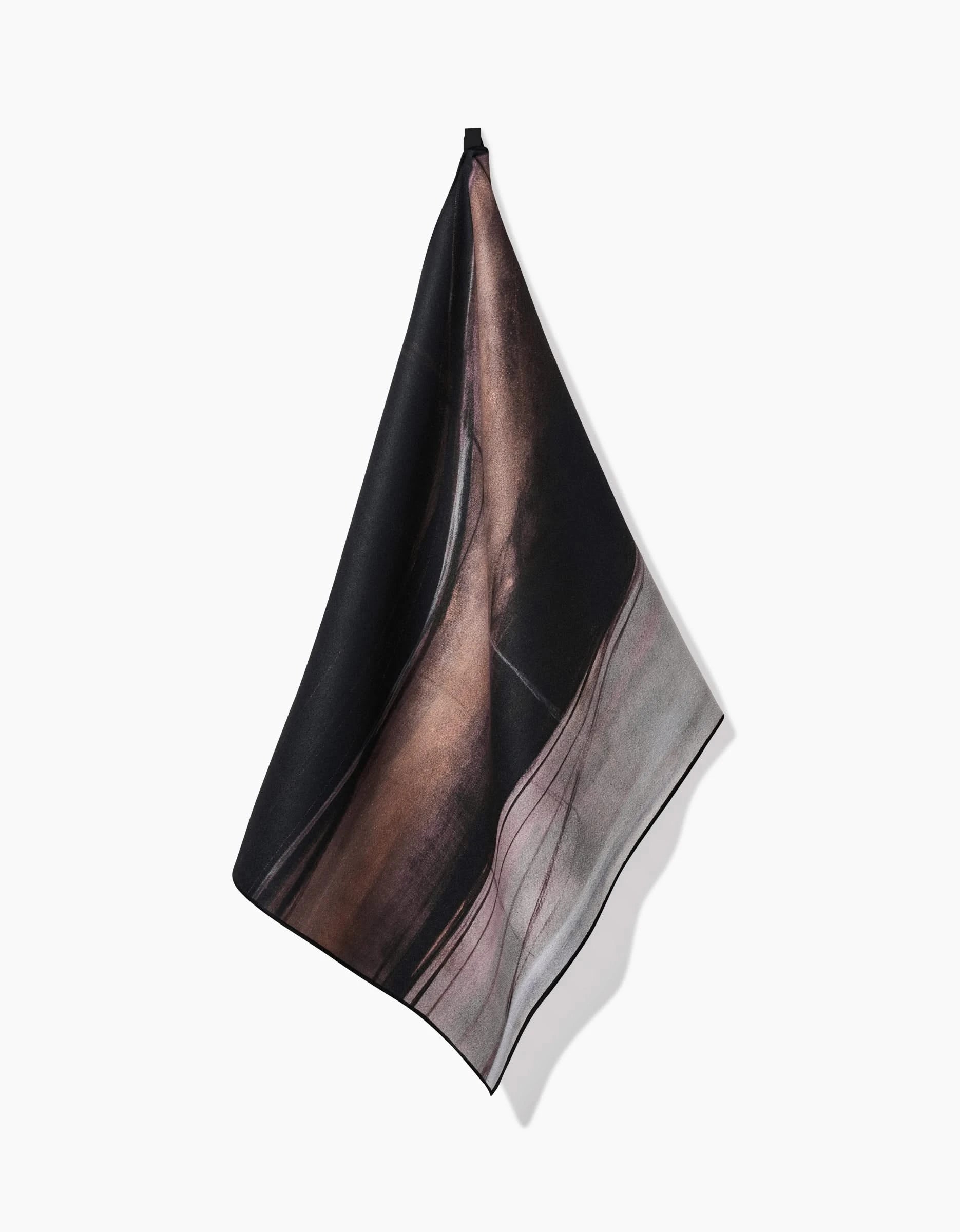 The Jennifer Janesko Rhythm square silk scarf is displayed against a white background, showcasing an abstract design in black, brown, and muted grayish-pink tones.