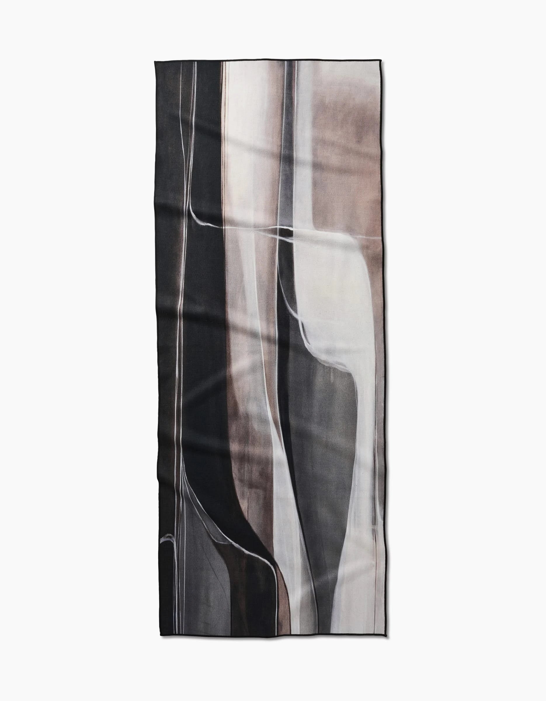 The Seduction yoga towel by Jennifer Janesko features a modern abstract design with vertical, overlapping shapes in black, gray, beige, and white on soft fabric—perfect as a non-slip accessory for your practice.