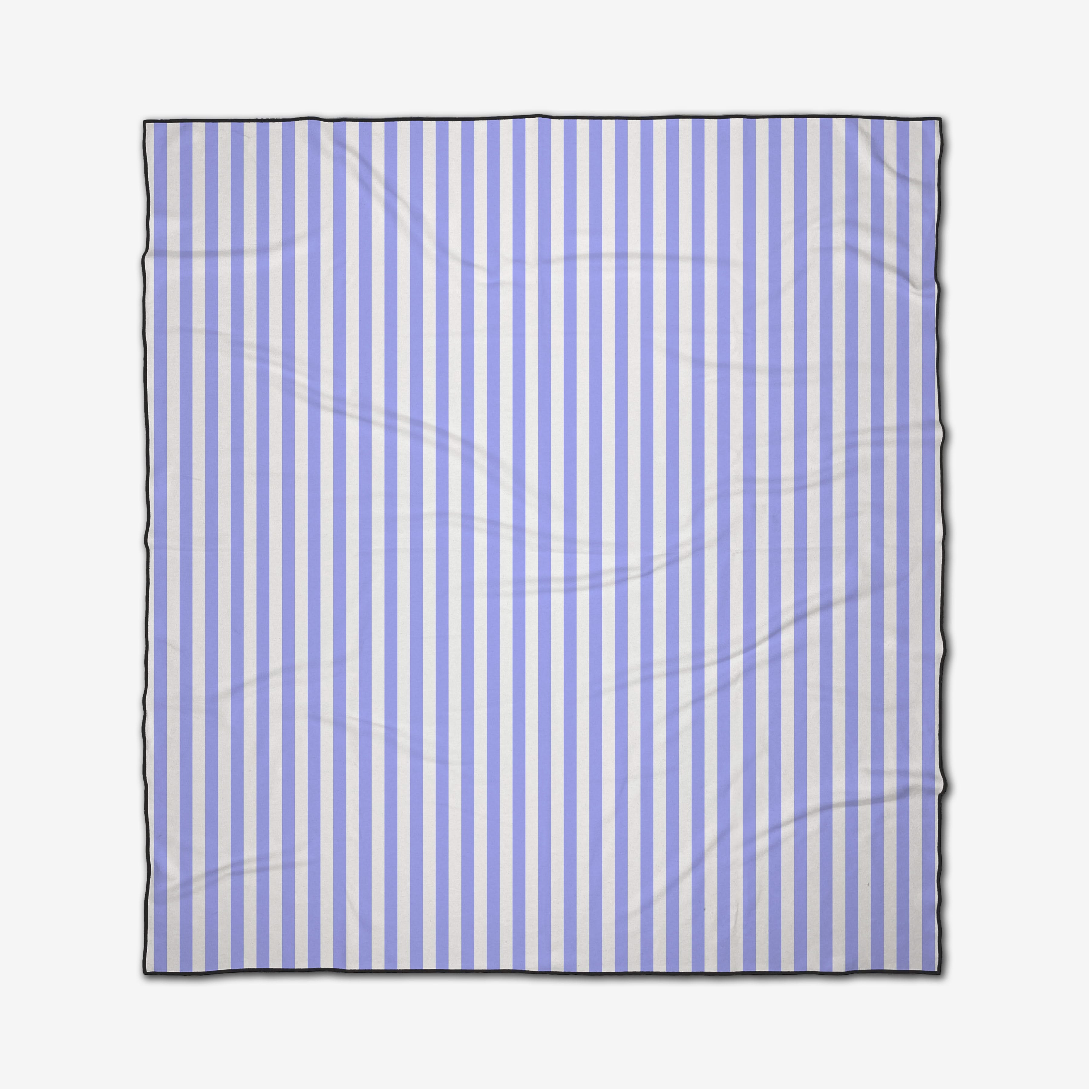 The GEOMETRY Light Blue Stripes micro-loop beach blanket is square, made from recycled materials, features evenly spaced vertical blue and white stripes, slight wrinkles, a thin dark border, and is shown on a plain white background.