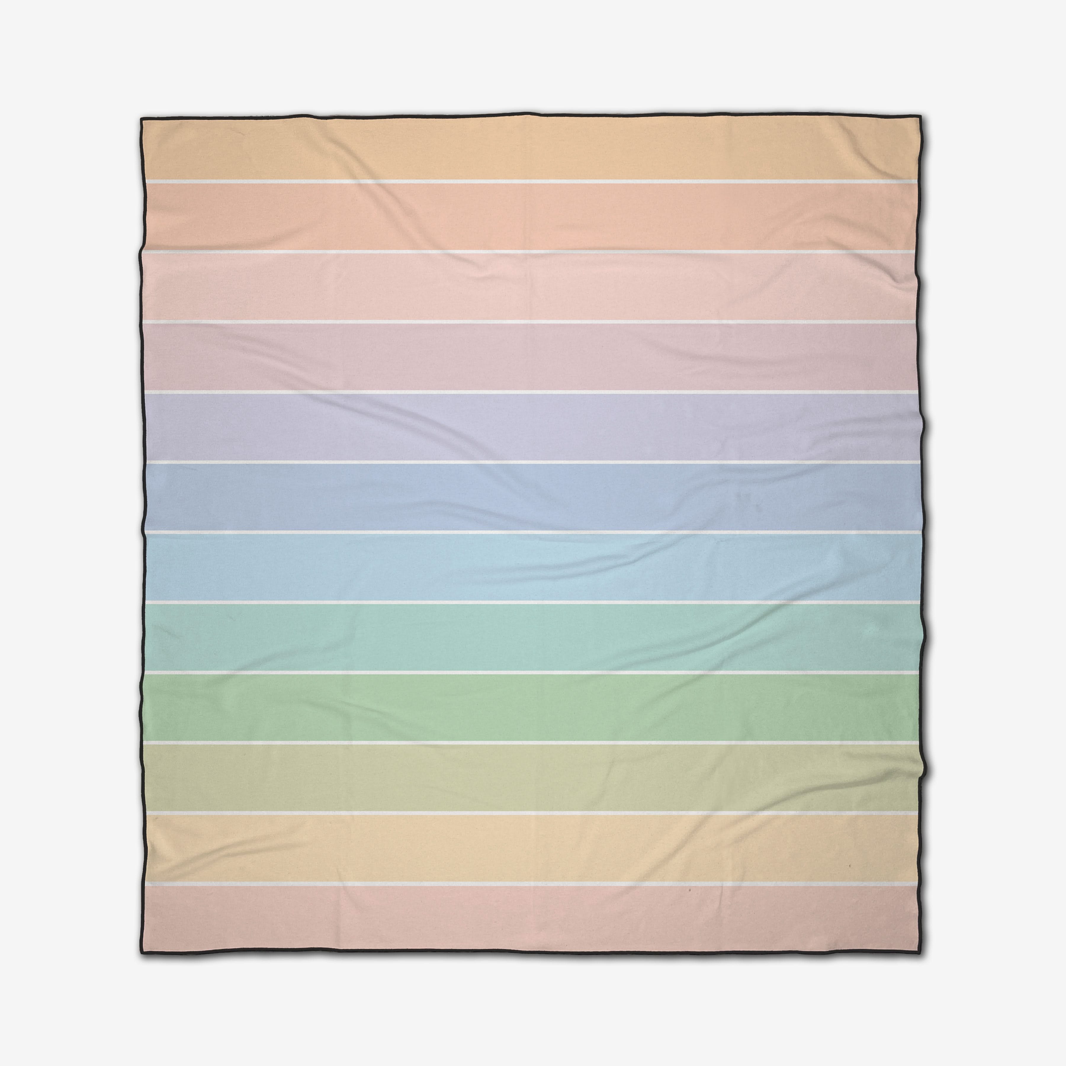 The GEOMETRY Smarties is a square beach blanket featuring horizontal pastel stripes in peach, pink, lavender, blue, green, and mint with thin white lines between each. The quick-drying fabric also shows faint creases.
