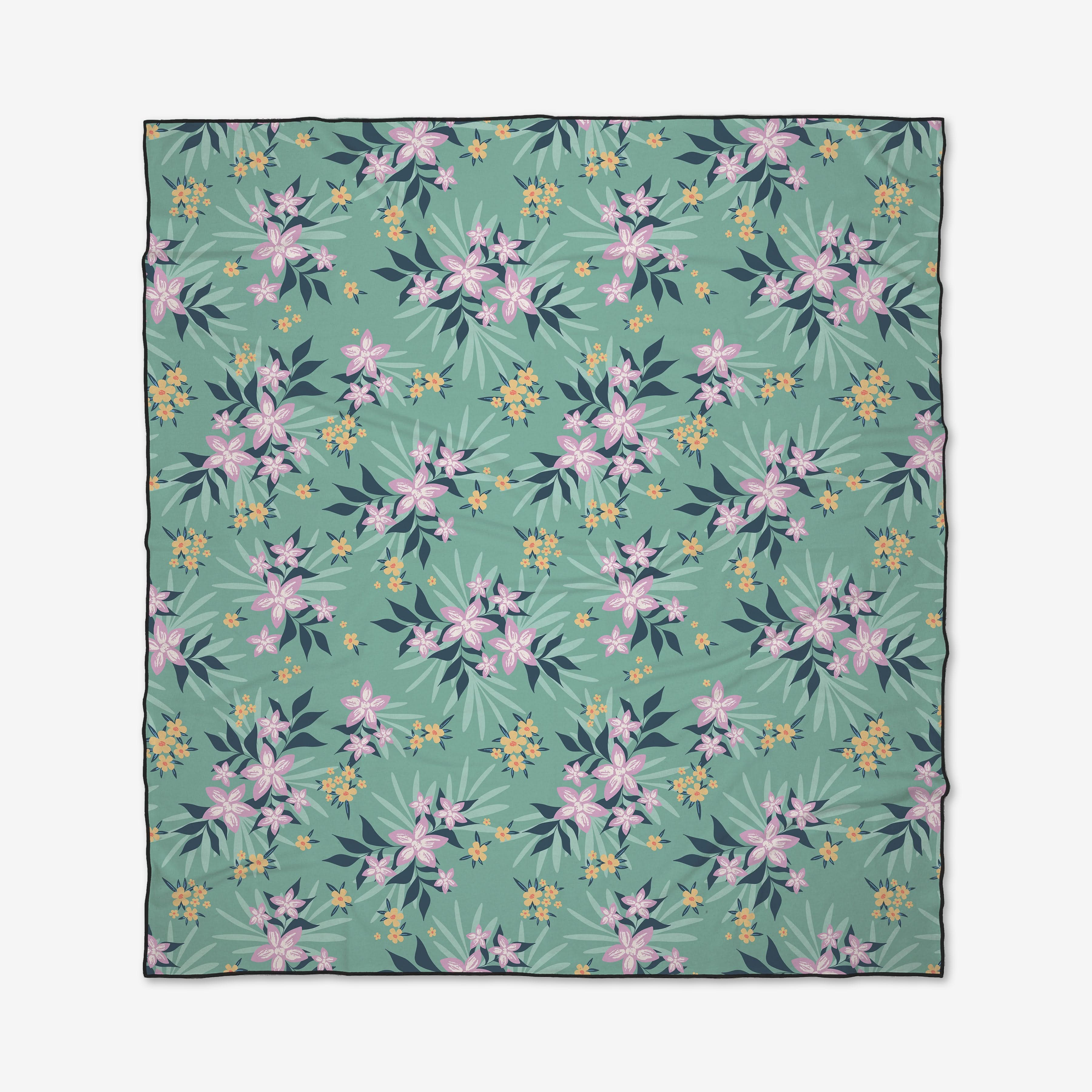 The Wilder by Charlie Rowan Designs is a square recycled beach blanket with a teal background, featuring vibrant pink and yellow floral patterns, green leaves, and slightly wavy edges.