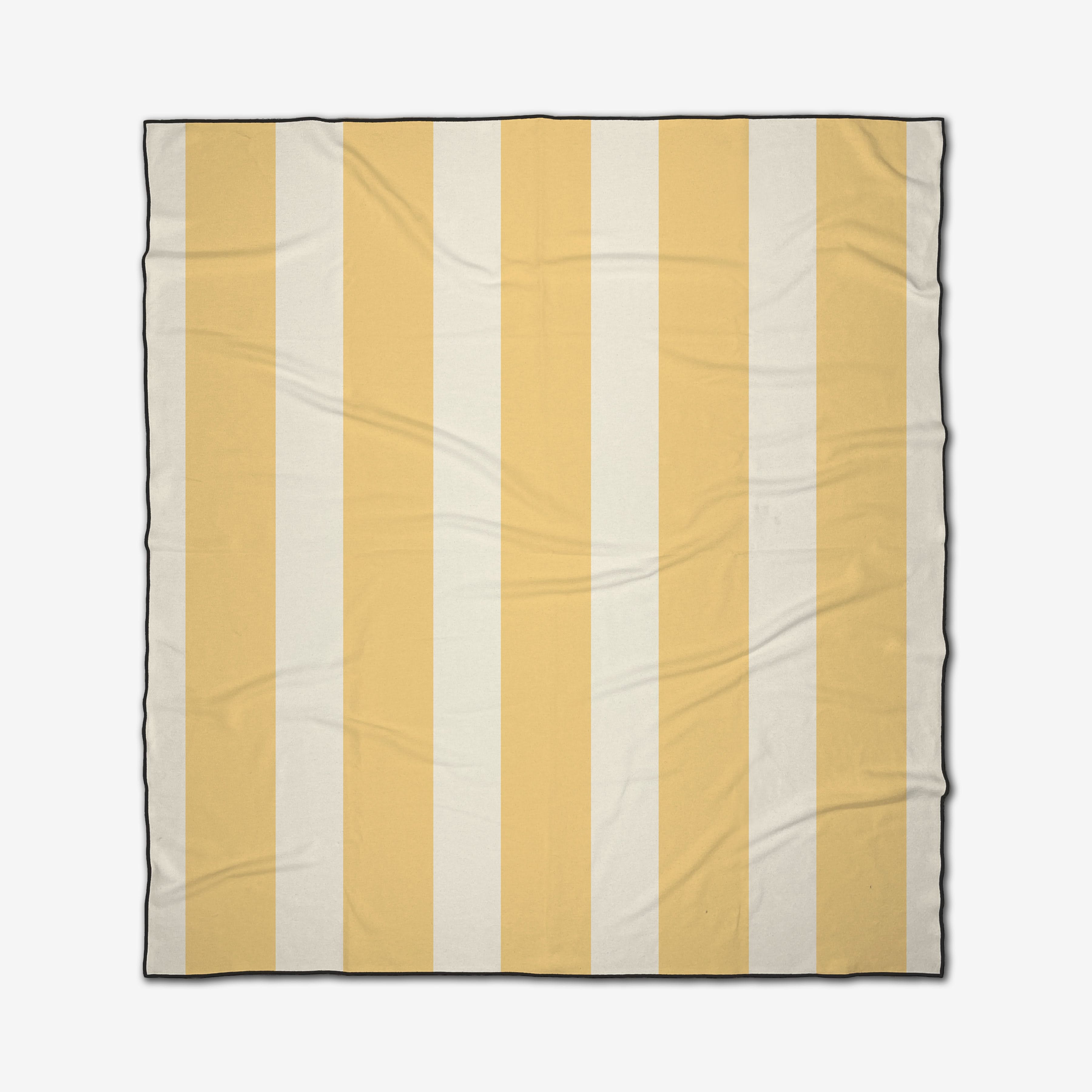 The Yellow Block Stripes beach blanket by GEOMETRY is a square, quick-drying design featuring alternating light yellow and off-white vertical stripes, a slight wrinkle texture, and a thin black border.
