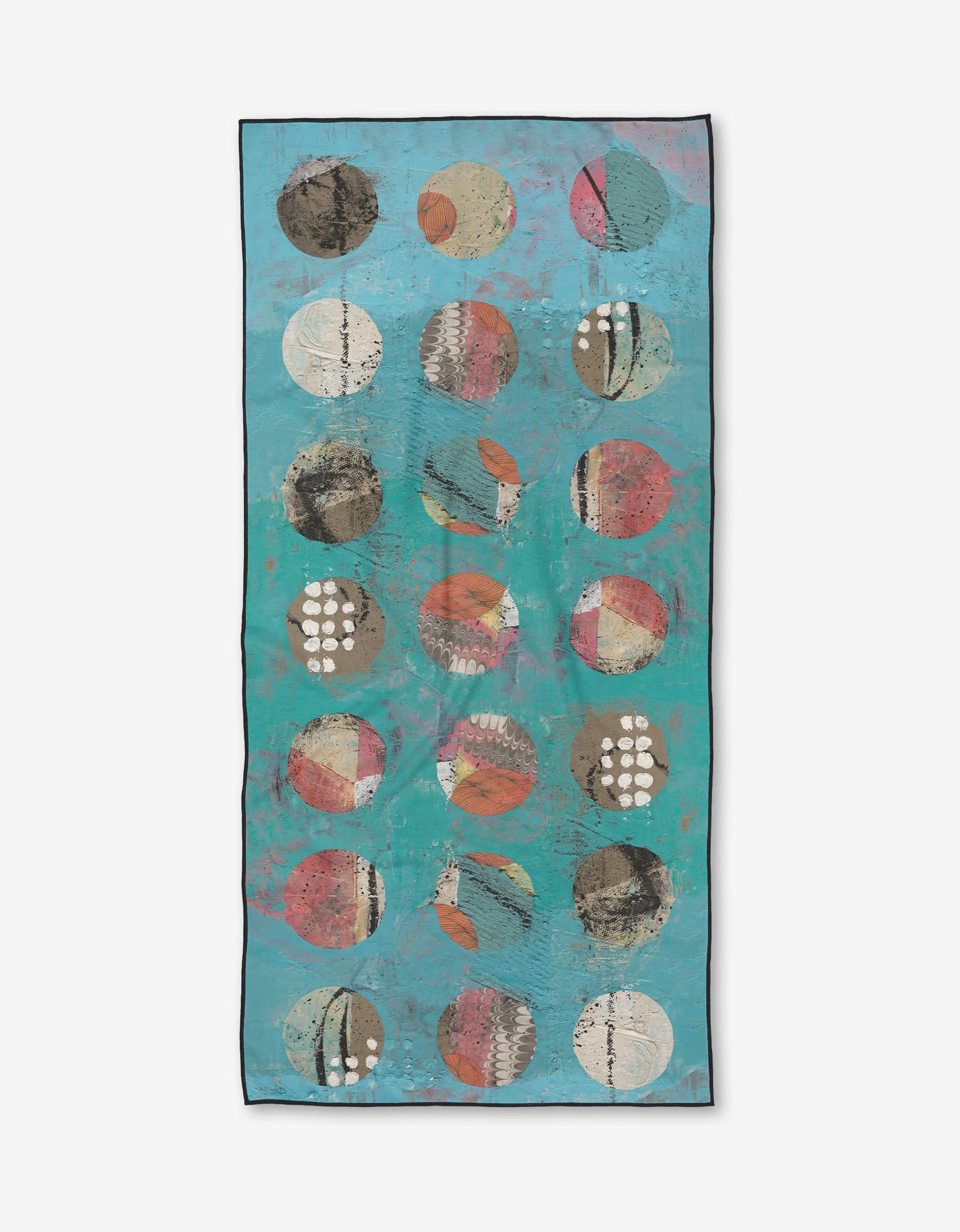 The Boxed In Micro-loop Beach Towel by Katherine Berkeley features a blue backdrop with a grid of colorful abstract circles, each in red, brown, beige, pink, and white. Made from recycled materials for eco-friendly style.