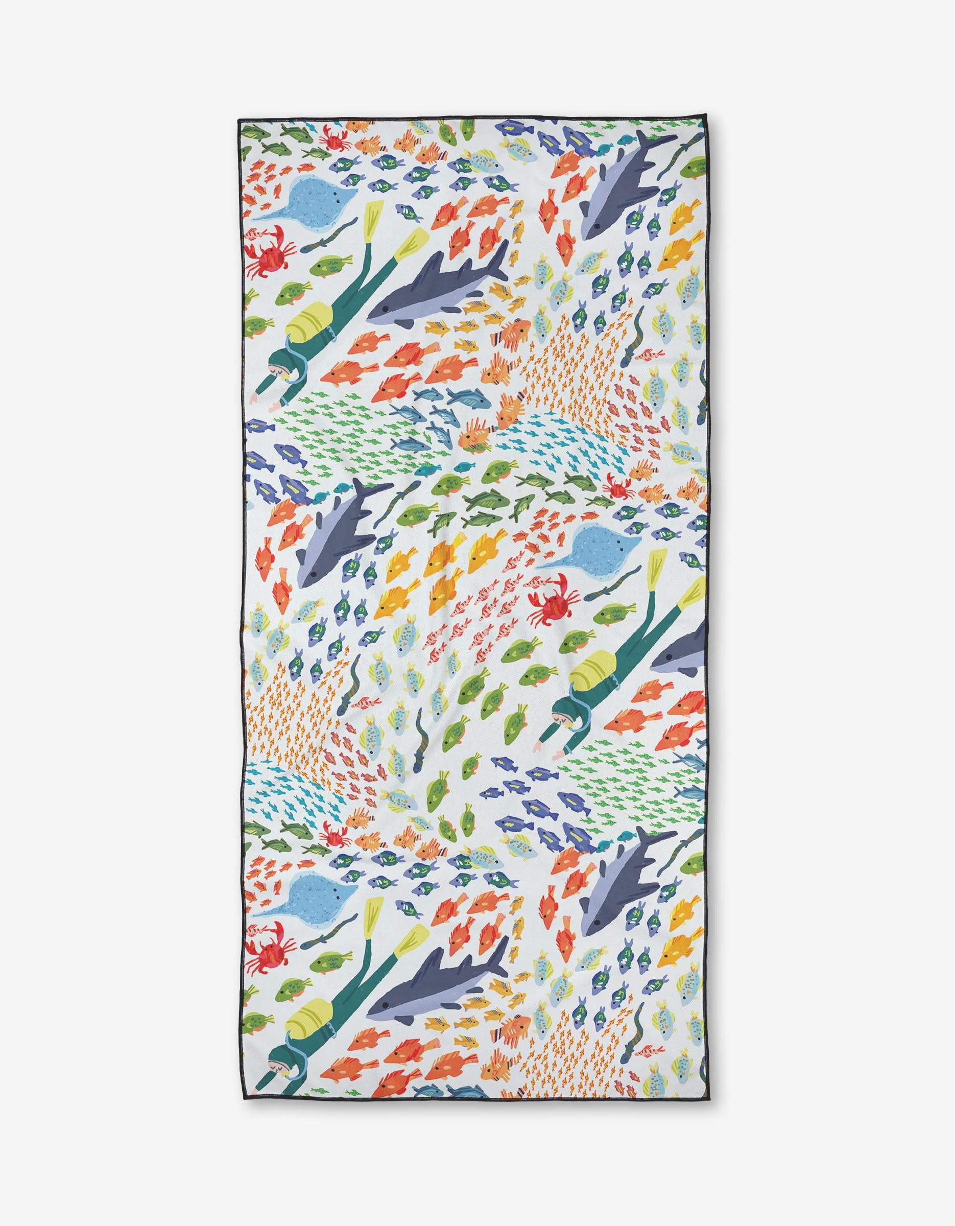 The Deep Sea Encounter towel by Janna Sue Design is a rectangular, quick-drying, eco-friendly beach essential. It showcases colorful divers, sharks, and fish on white, made from recycled materials.