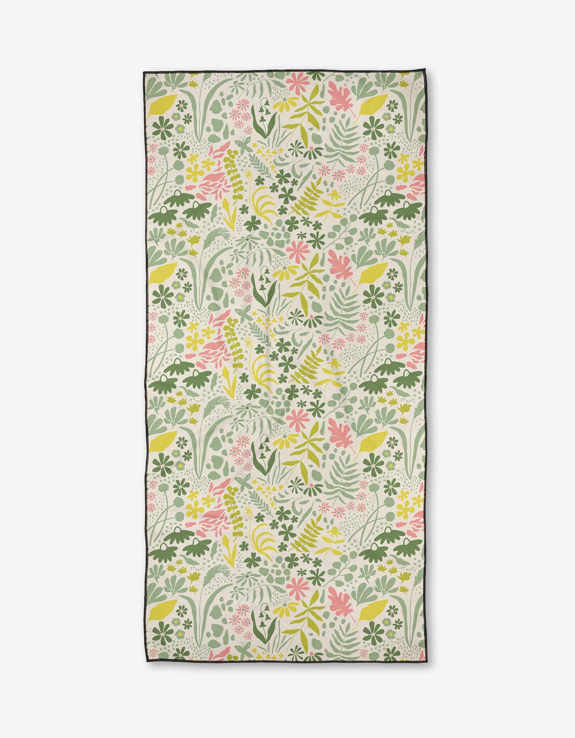 The Kayla Ann Forager towel is a rectangular beach towel with a lively floral pattern in pink, yellow, and green on a light background, edged by a thin dark border. Made from quick-drying recycled materials for eco-friendly comfort.