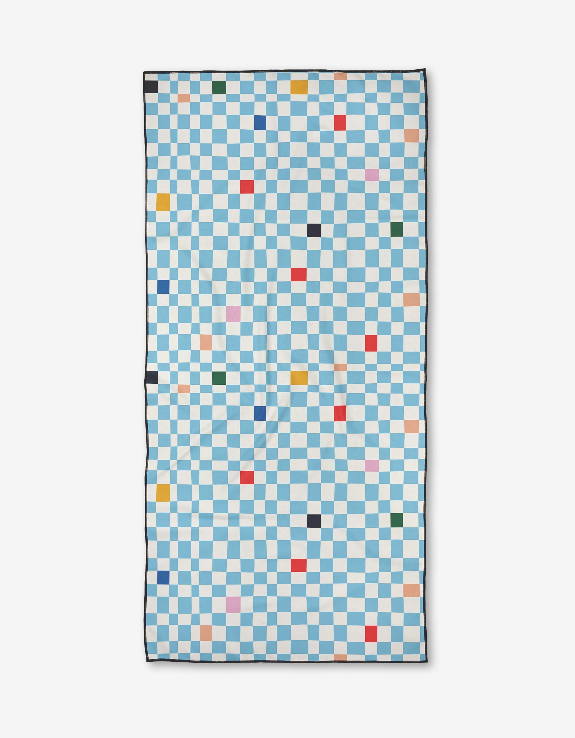 The Happy Hemera Happy Check quilt features a blue and white checkerboard pattern with bright red, yellow, pink, and black squares—all crafted from recycled materials on a crisp white background.