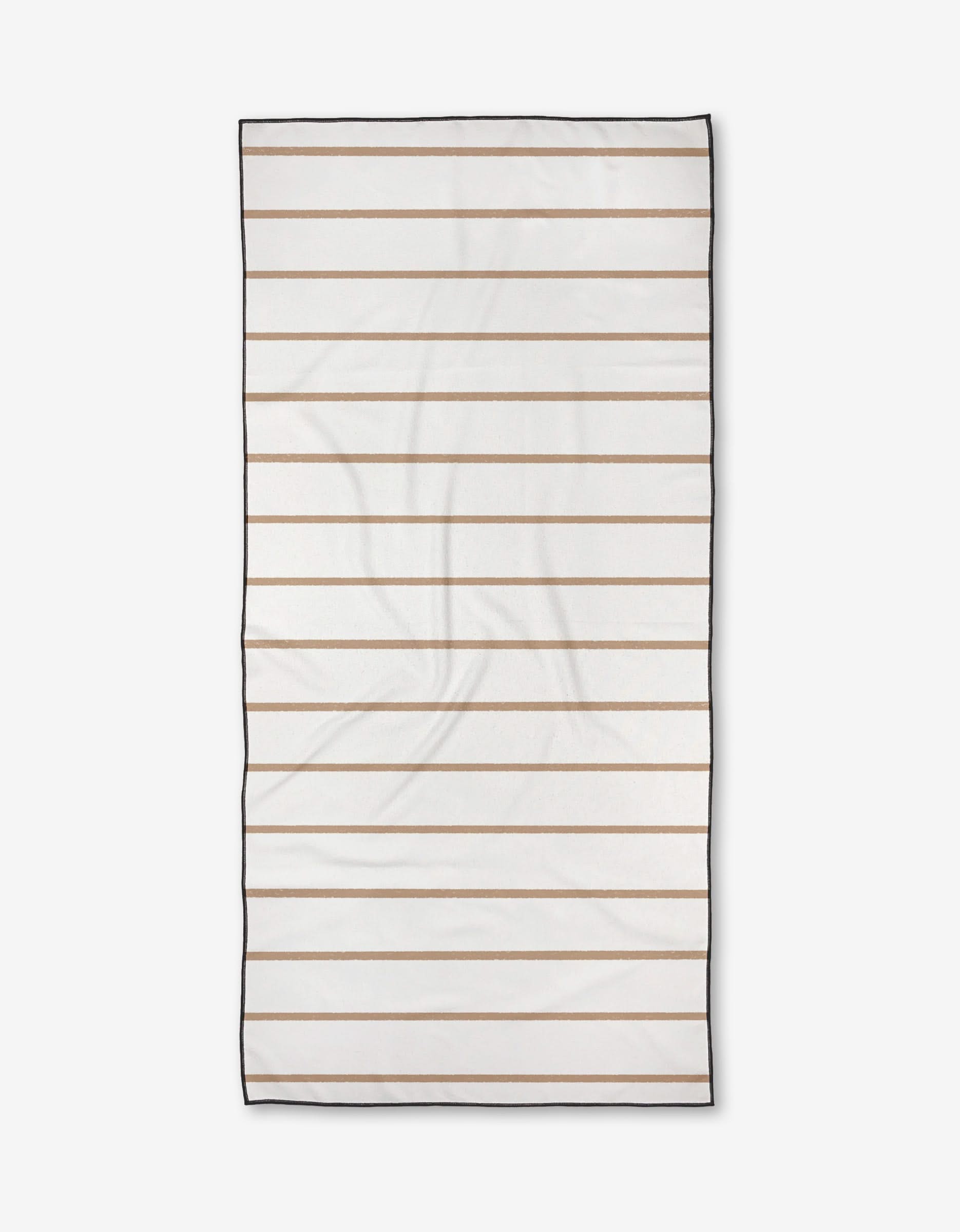 The Kailee Wright Juel towel is a rectangular white beach towel with horizontal beige stripes and a thin black border, laid flat on a white background. Made from quick-drying, post-consumer recycled materials.