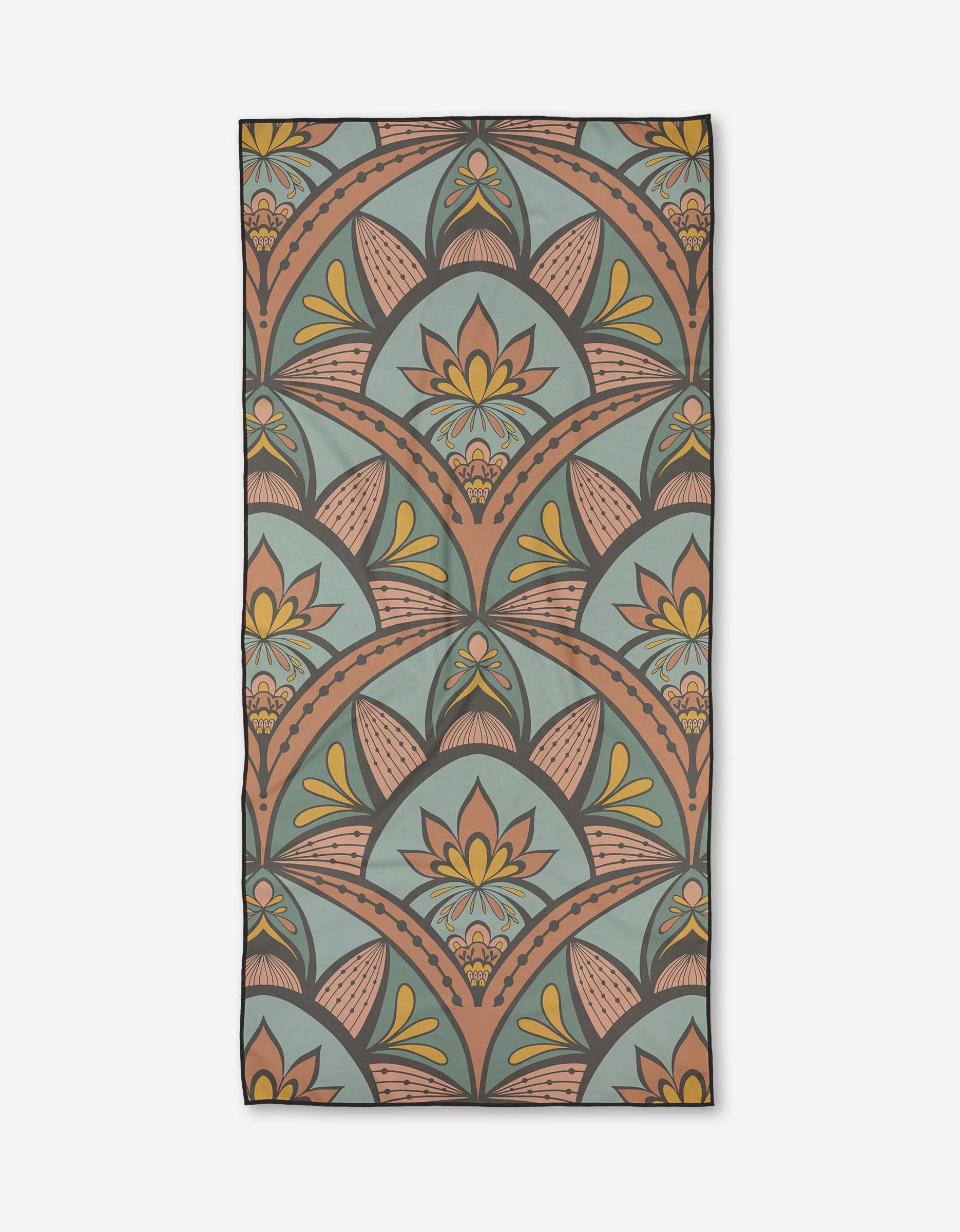 The Jungle Sunrise beach towel by Amita Nair is a rectangular, quick-drying towel with an ornate floral and leaf pattern in muted teal, yellow, orange, and brown on a light background, giving your beach days a vintage art deco flair.