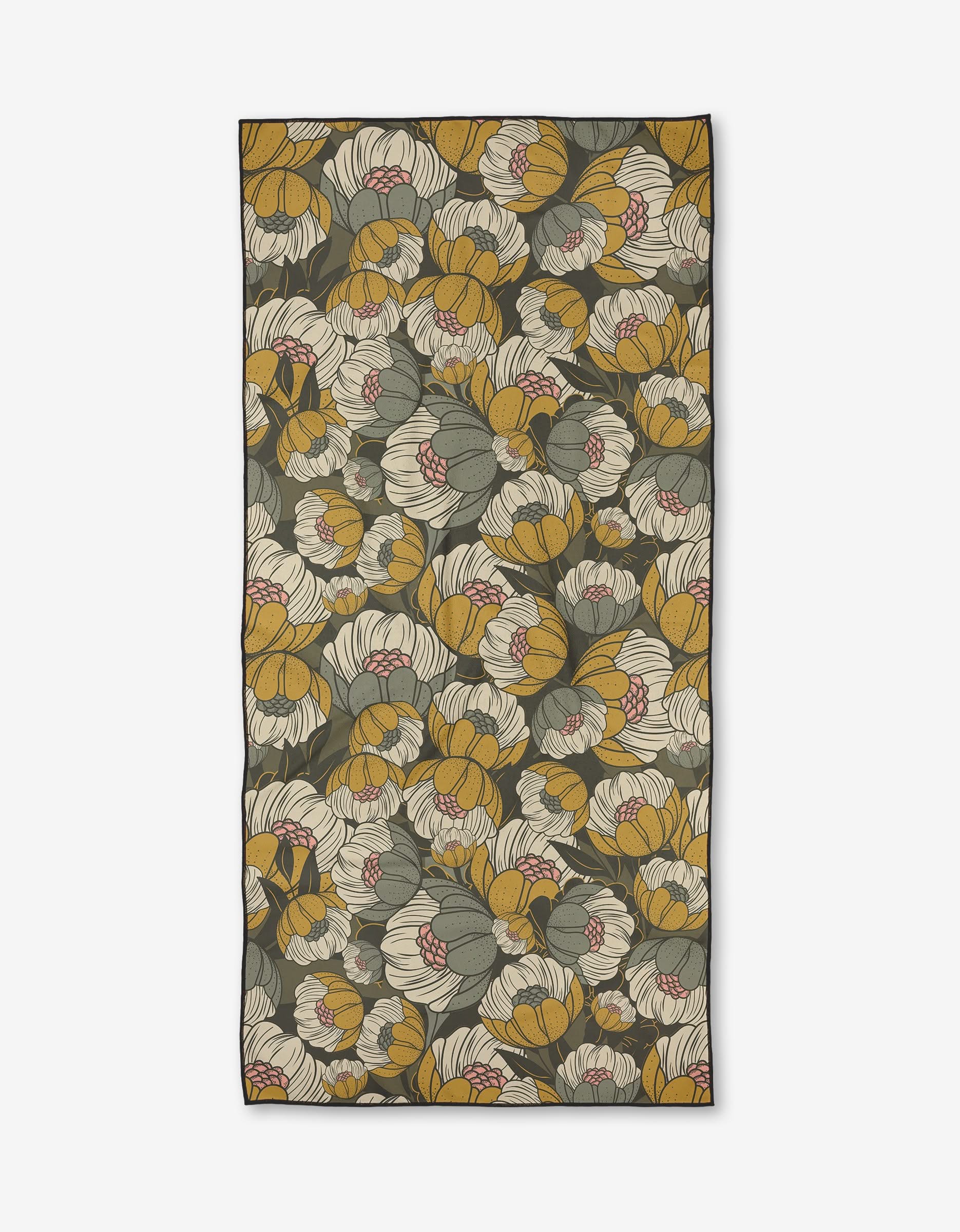 Lakeside Bloom by Ash Cascade is a rectangular quick-drying towel with a bold floral print in yellow, cream, olive green, and muted red on dark. Crafted from recycled materials for eco-friendly style.