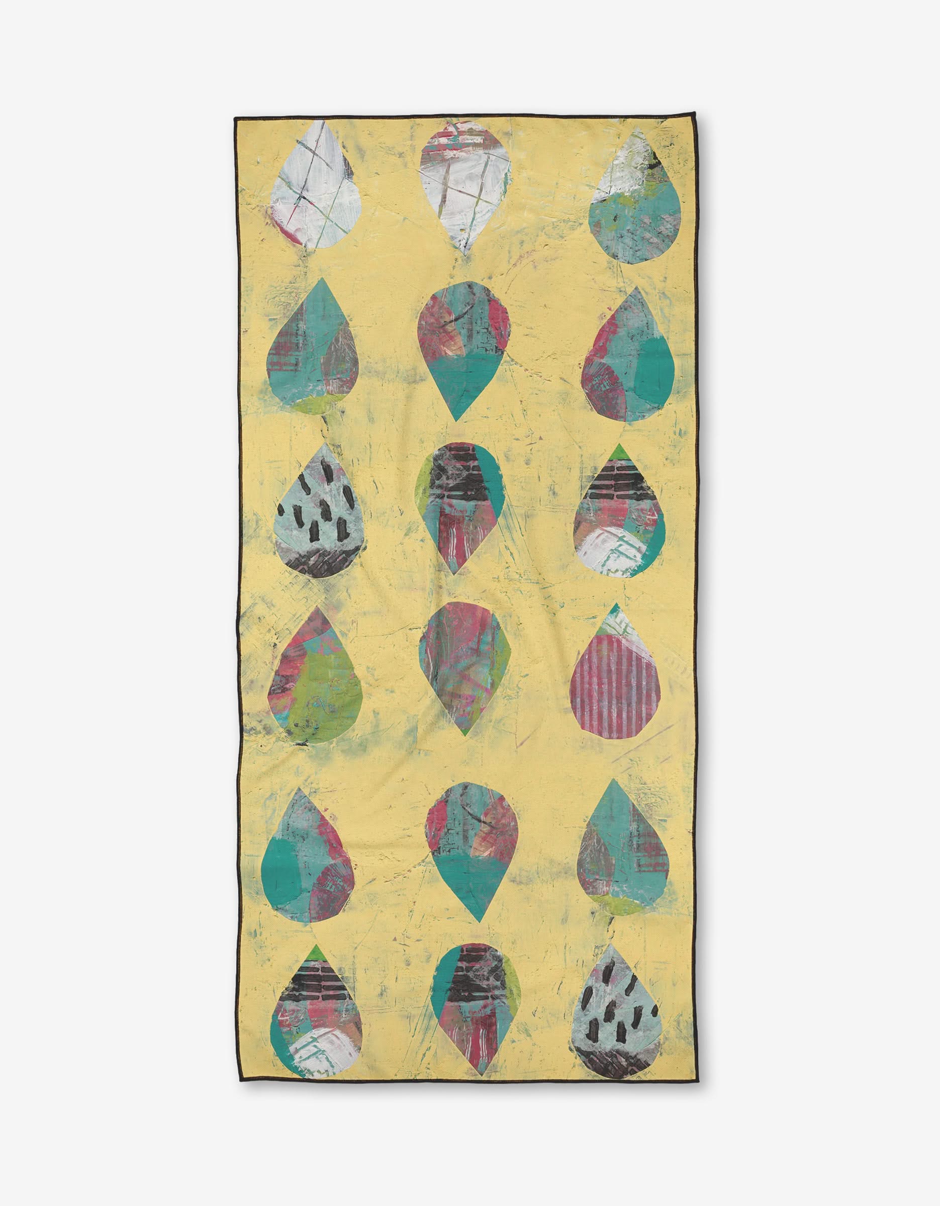 The Outer Limits beach towel by Katherine Berkeley is a quick-drying, rectangular towel with a yellow background featuring five rows of large teardrop shapes in blue, green, red, and black with unique abstract patterns.