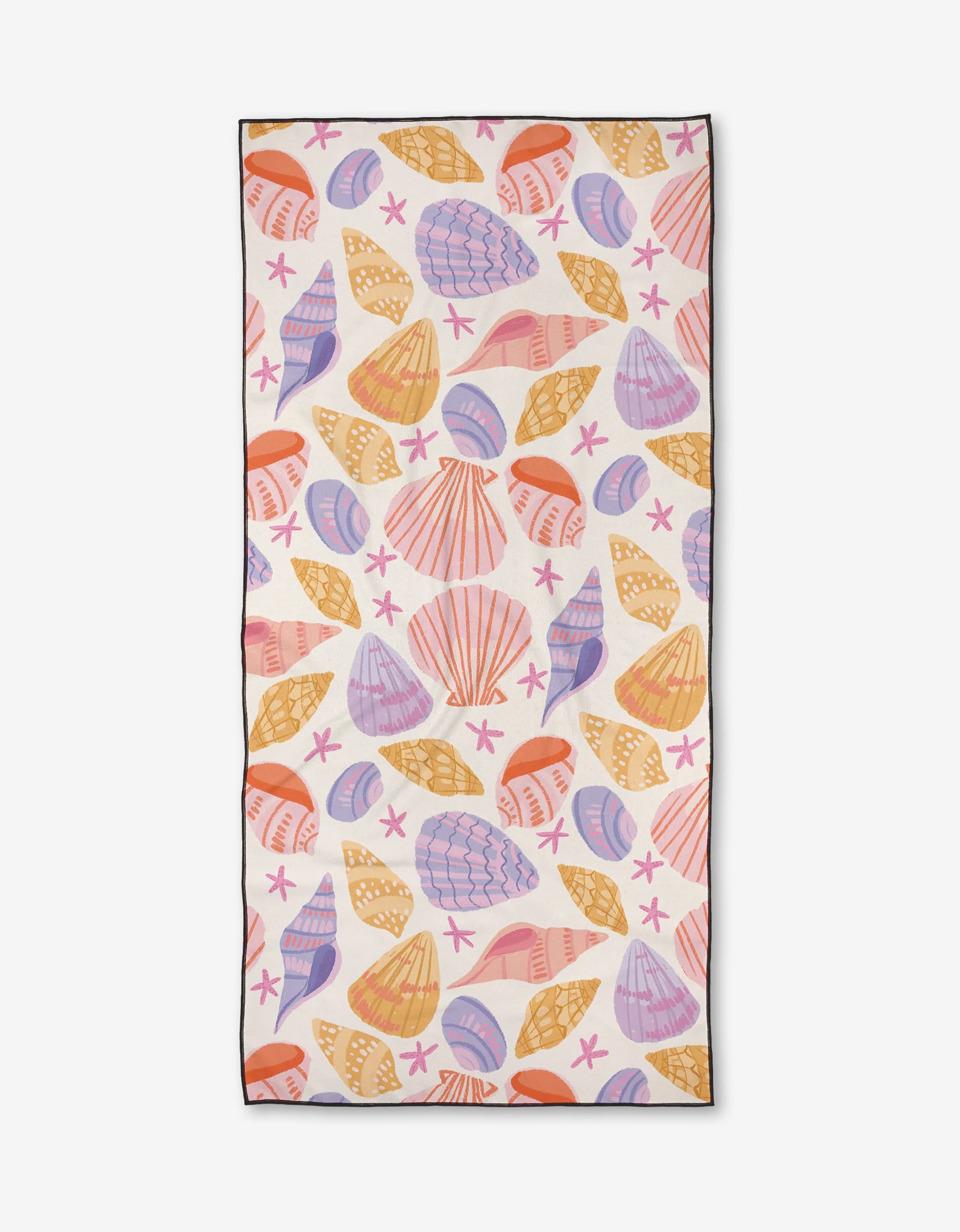 The Painted Shells beach towel by Janna Sue Design is compact and quick-drying, featuring a vibrant seashell and starfish print in pink, purple, orange, and yellow on white with a black border, made from recycled materials.