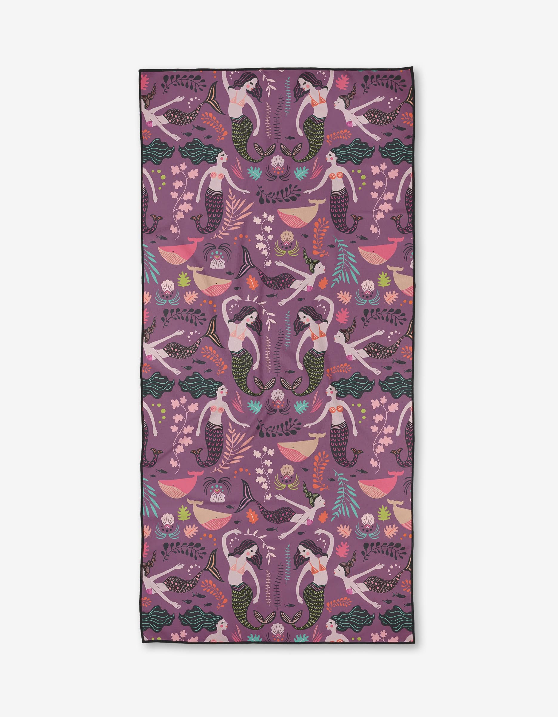 The Jessica Swift Siren Song micro-loop beach towel features mermaids, fish, and aquatic plants in purple, pink, green, and orange on a light background. Made with recycled materials for eco-friendly style.