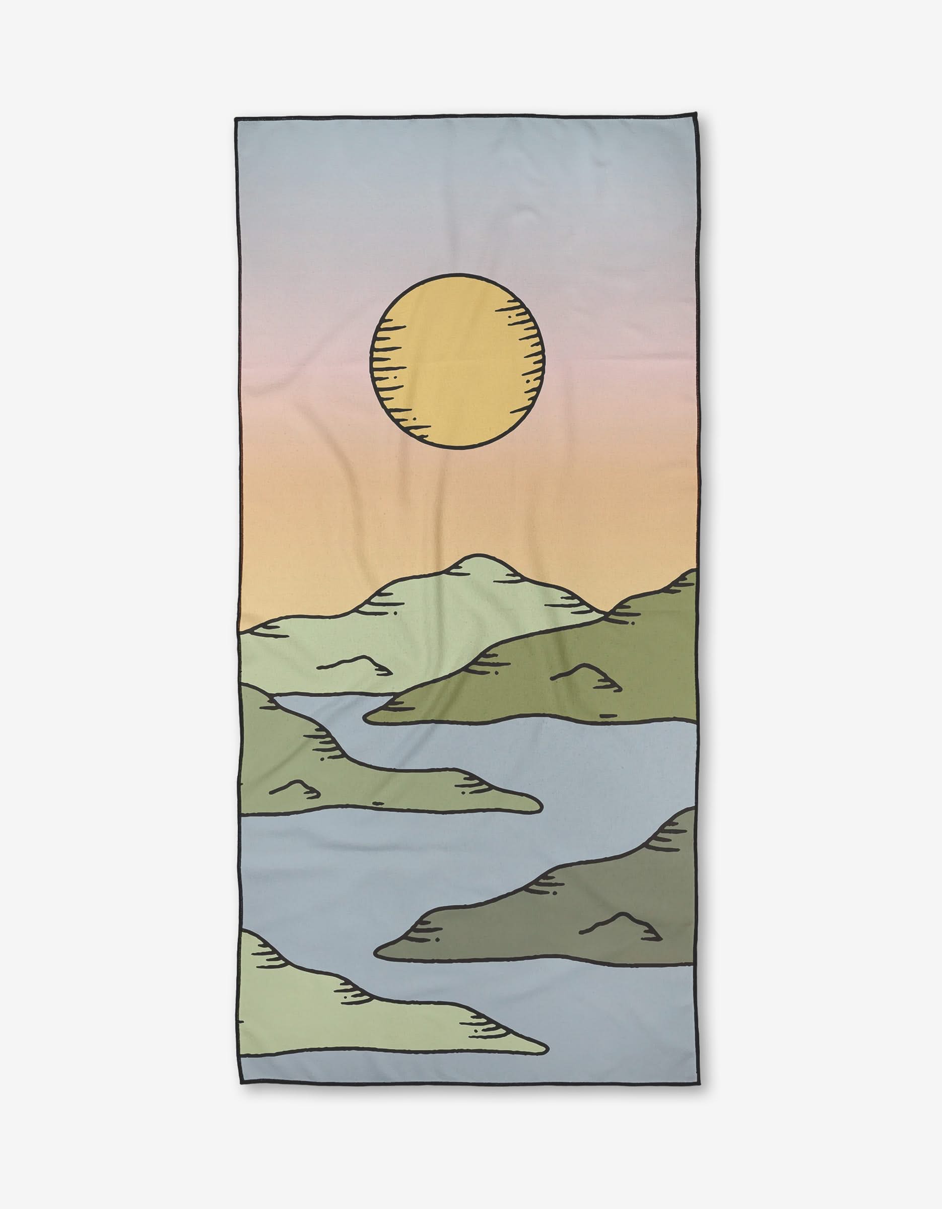 The Sorbet Sunrise Micro-loop Beach Towel by Graphics and Grain features a stylized landscape of green hills, a blue river, and a yellow sun under a pastel sky. Made from quick-drying recycled materials with soft colors and simple lines.