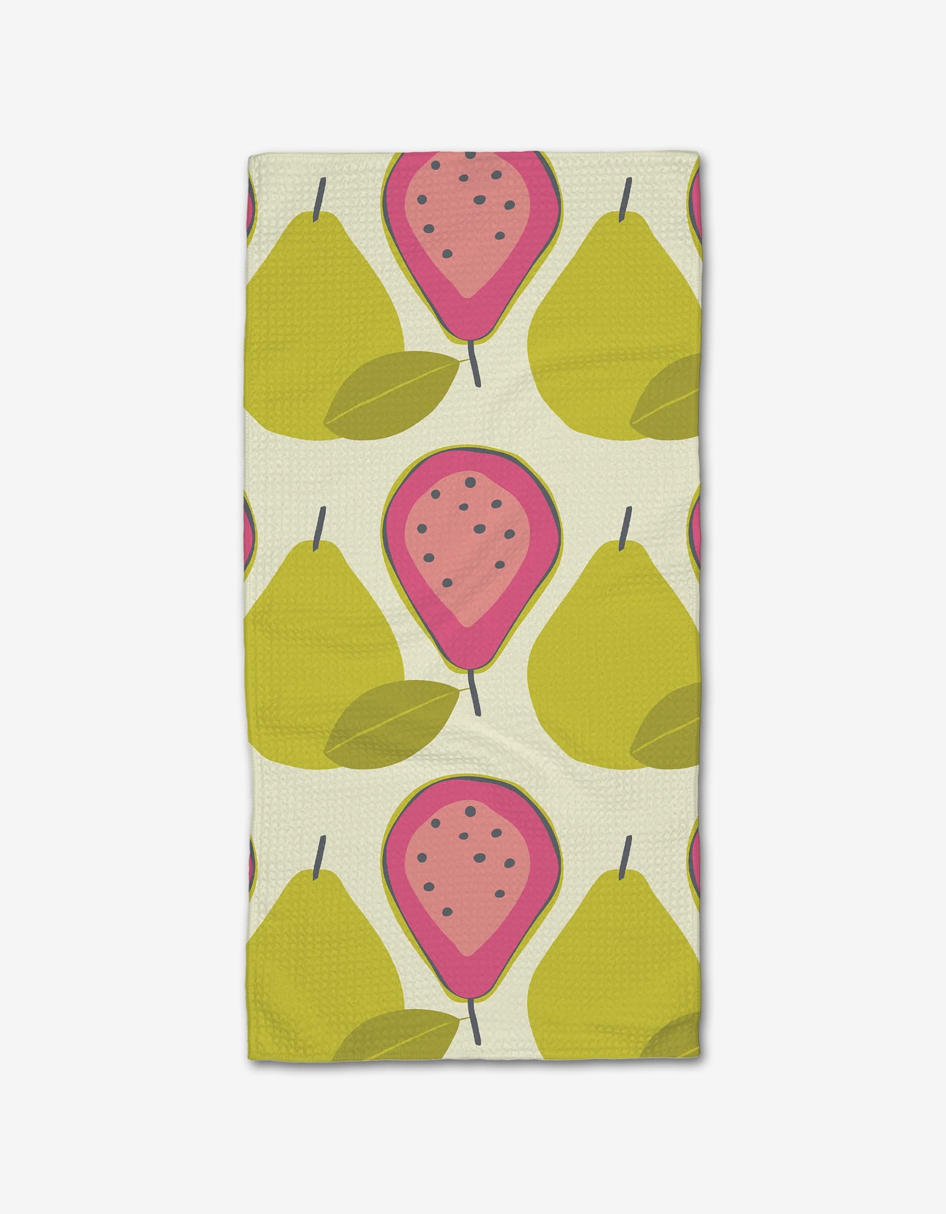The Lizzie Clark Guava Groove Bar Towel features whole yellow pears, green leaves, and pink guava slices with dark seeds on a light background, made from absorbent Geoweave fabric.