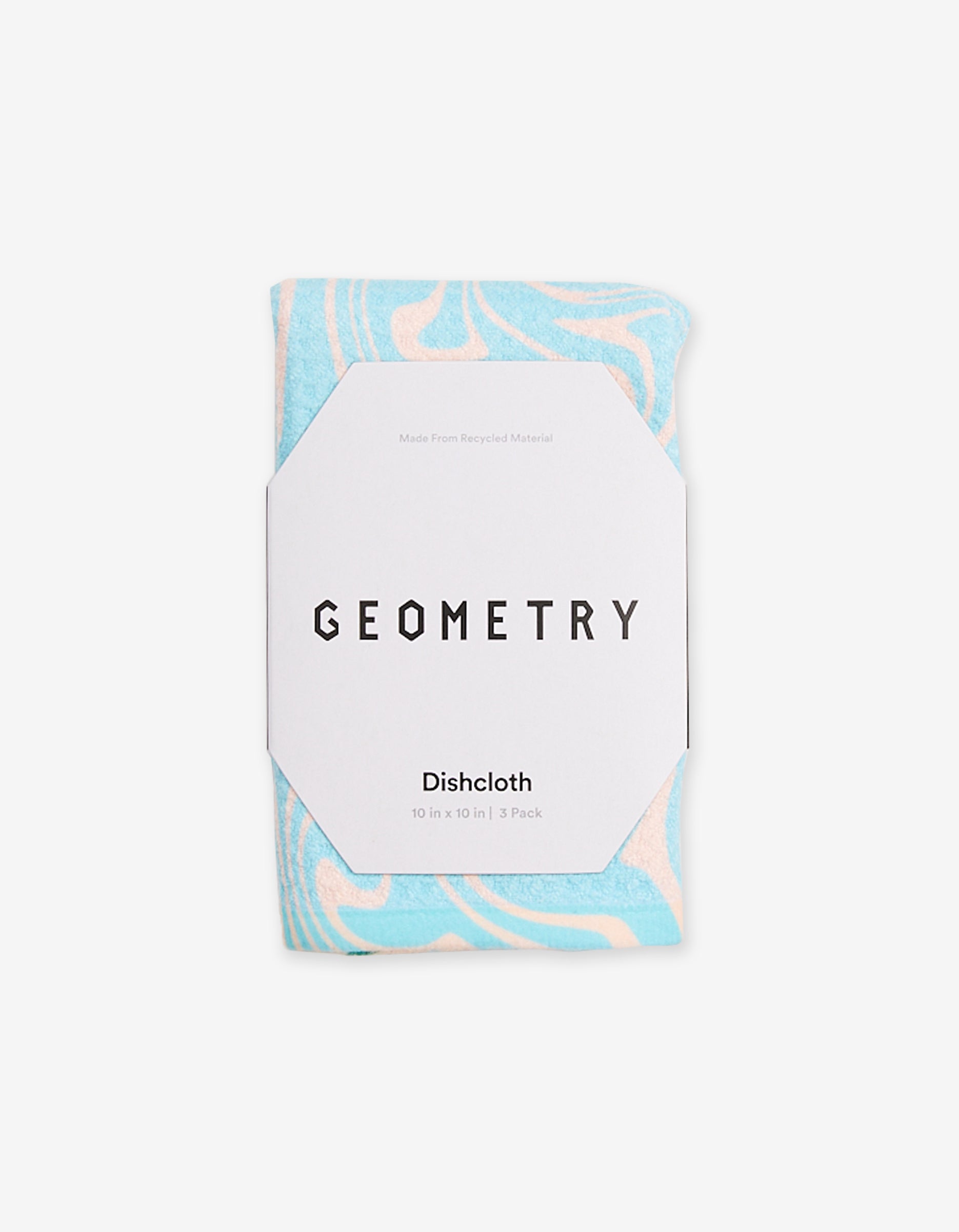 A folded GEOMETRY Sending Love Dishcloth Set, pastel blue and white swirl, made from super-absorbent Geoweave fabric, in white packaging labeled Dishcloth, 10 in. x 10 in. | 3 Pack.