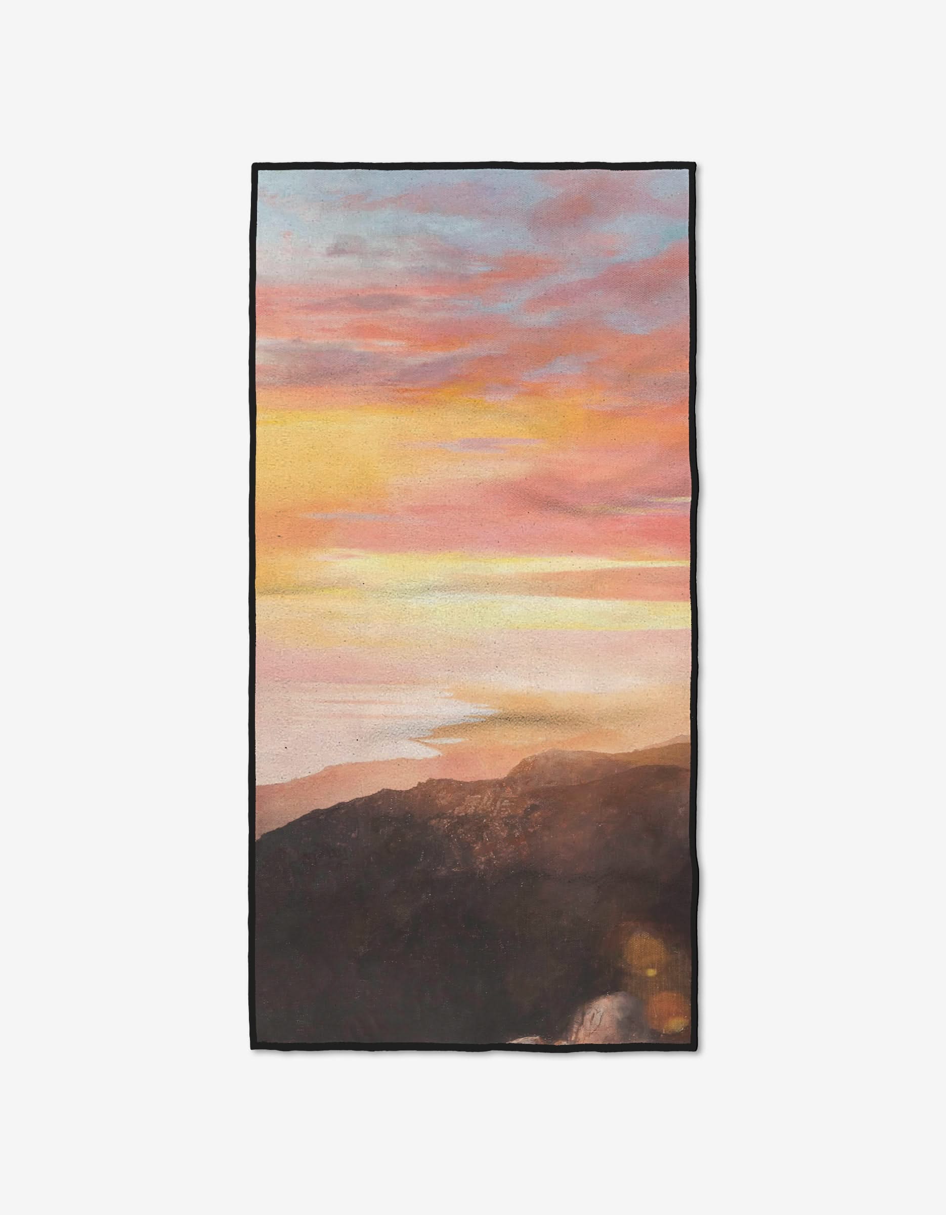 The Her Majesty fitness towel by Stefanie Bales features a scenic coastline at sunset with vibrant pink, orange, and yellow clouds over a dark shore. Ultra-absorbent and made from recycled materials for eco-friendly use.