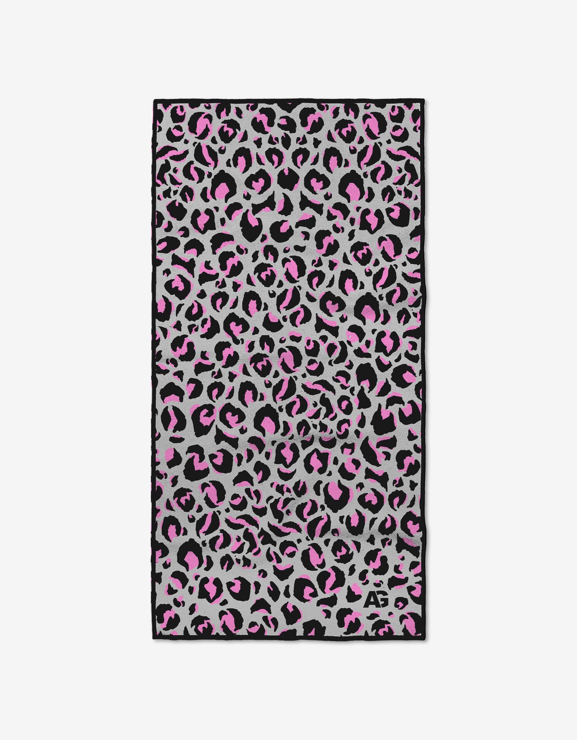 Introducing Queen by Ashley Guarrasi: a rectangular fitness towel with a black and pink leopard print on light gray, made from ultra-absorbent recycled materials and detailed with AS initials in the bottom right corner.