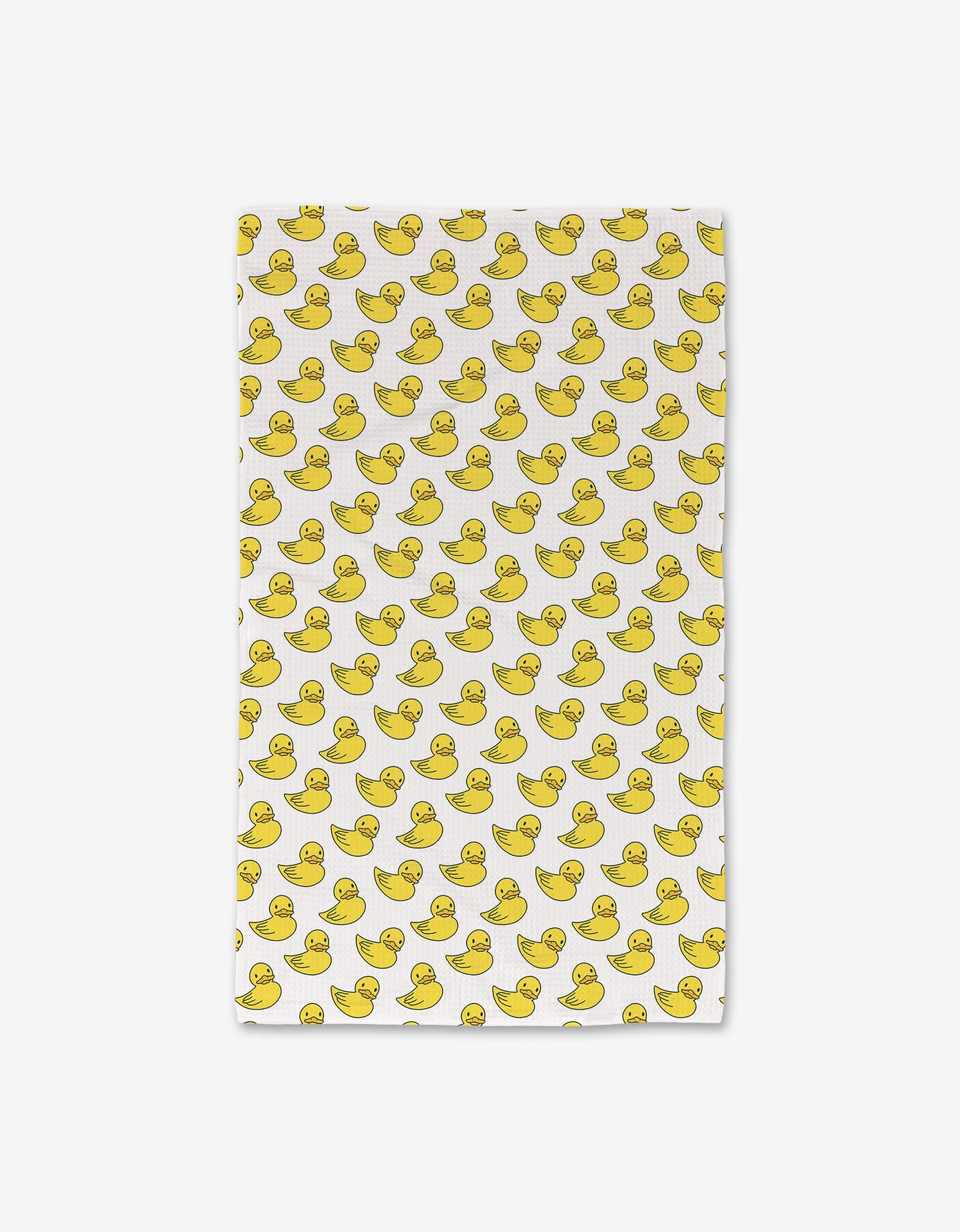 The GEOMETRY Duckies Luxe Hand Towel features a white rectangular design with a repeating yellow rubber duck pattern and is made with ultra-absorbent Geoweave technology.