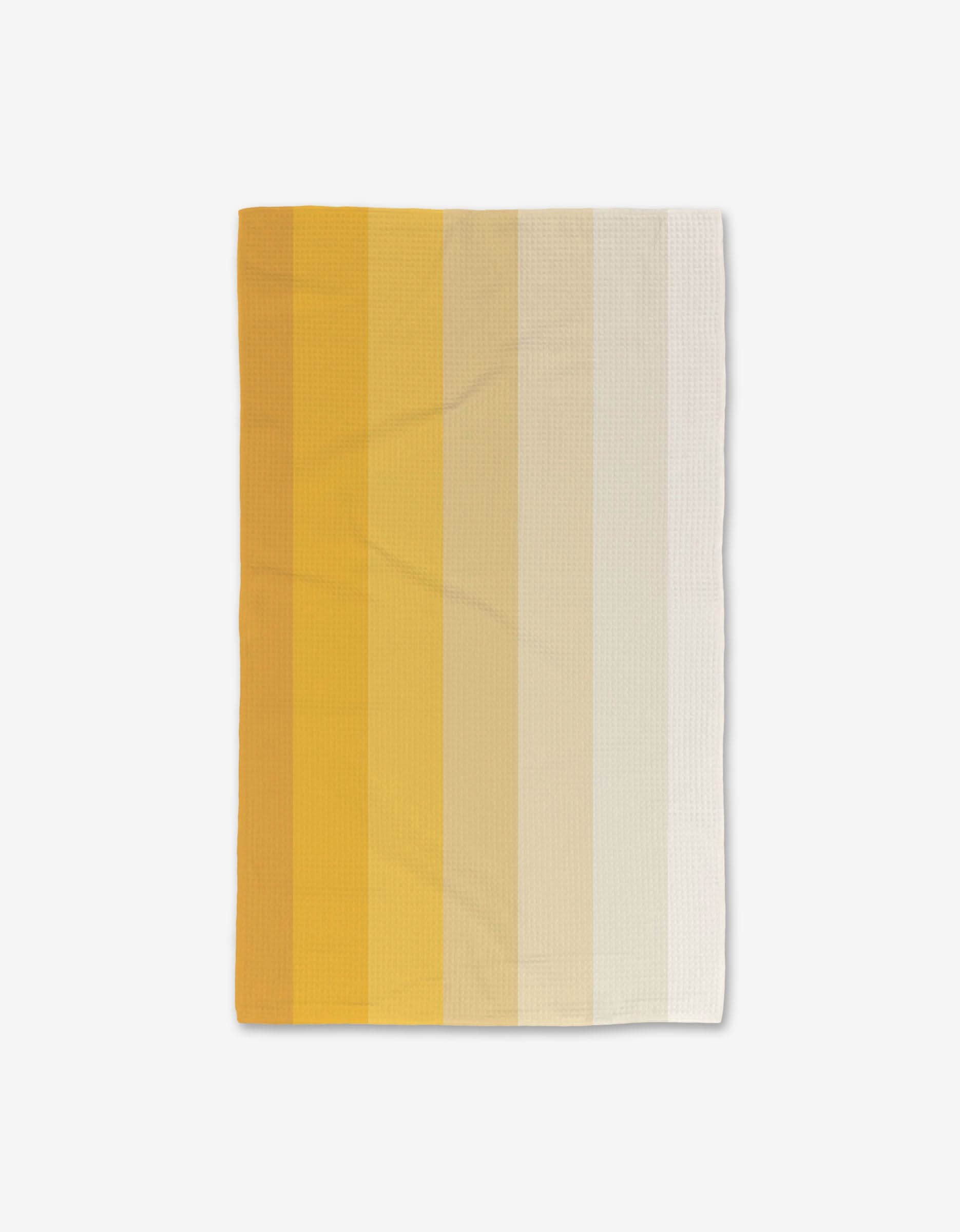 The GEOMETRY Saffron Levels Luxe Hand Towel features vertical stripes in gradient mustard yellow to creamy white, set on a white background, and is made with ultra-absorbent Geoweave technology.