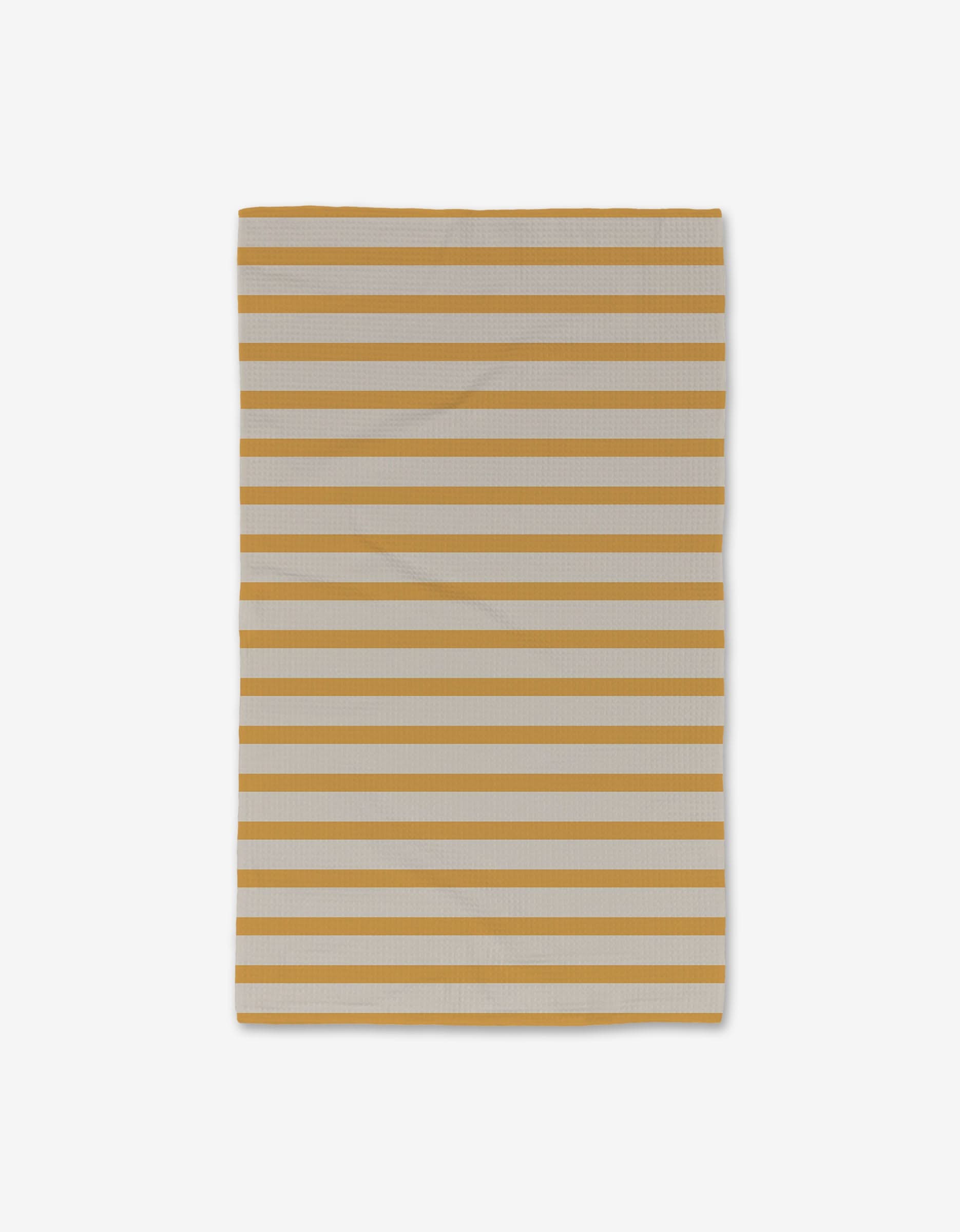 The GEOMETRY Saffron Stripes Hand Towel features horizontal mustard yellow and light gray stripes on white, offering ultra-absorbency and quick-drying performance for everyday luxury.