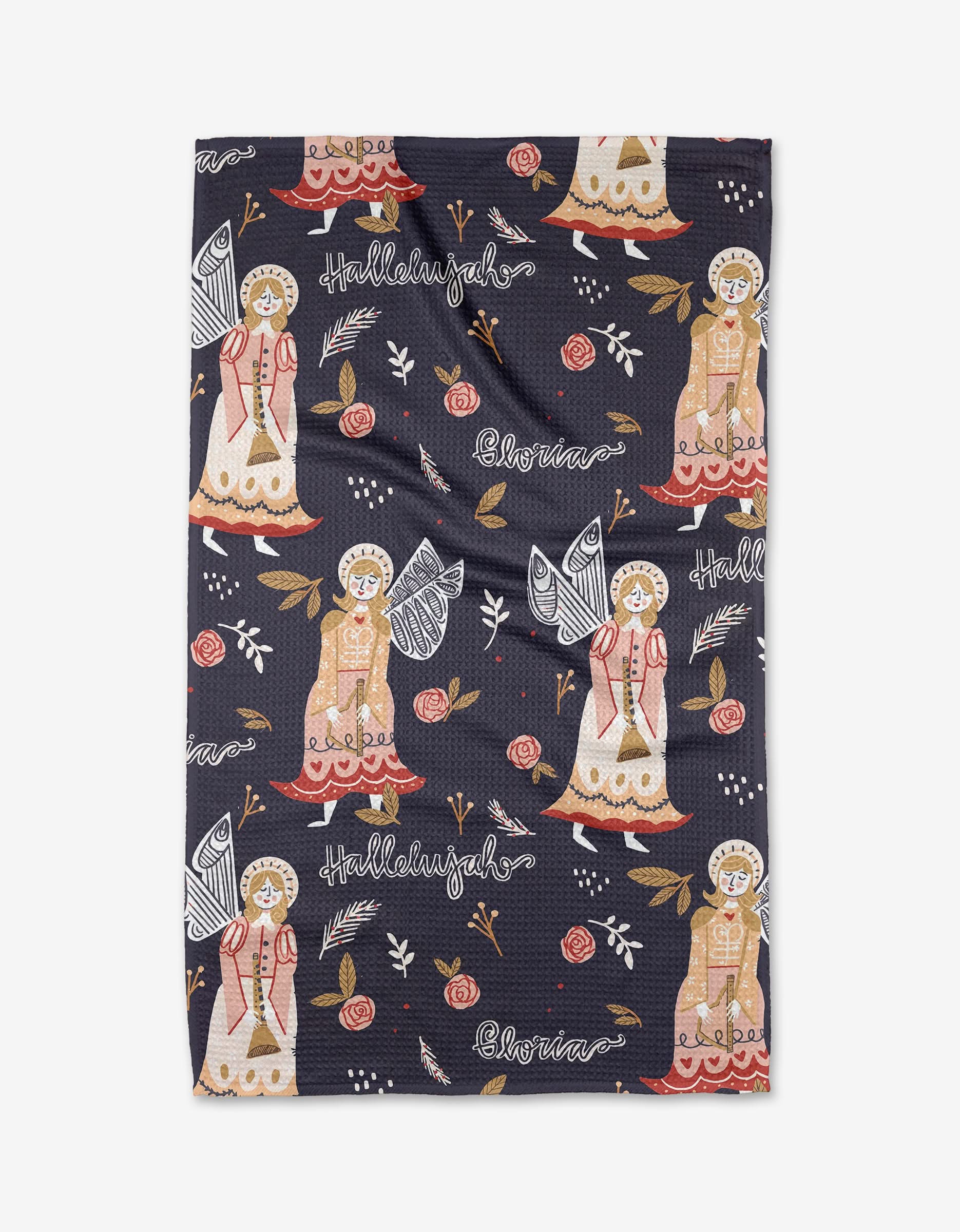 The Angels Chorus tea towel by Janna Sue Design is ultra-absorbent and features angels in pink robes with golden halos among flowers and leaves, plus “Hallelujah” and “Gloria” in white script on a dark background.