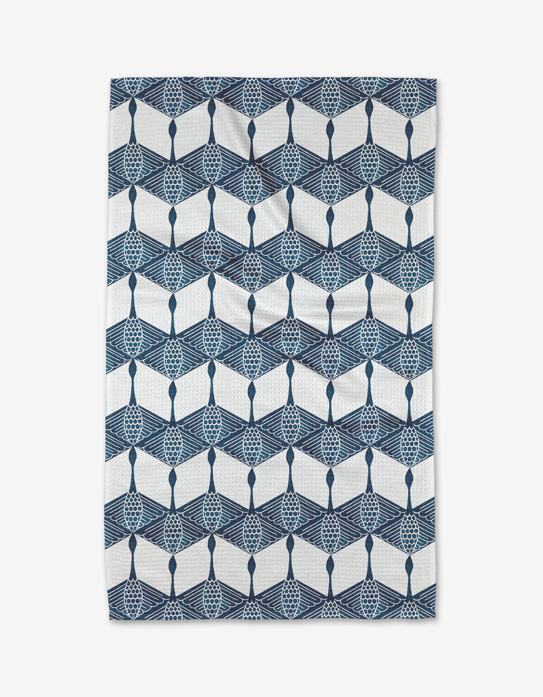 The Renee Fly BB Cubed tea towel showcases a geometric pattern of interlocking blue shapes in a hexagonal leaf or fan design on white, crafted from durable Geoweave fabric.