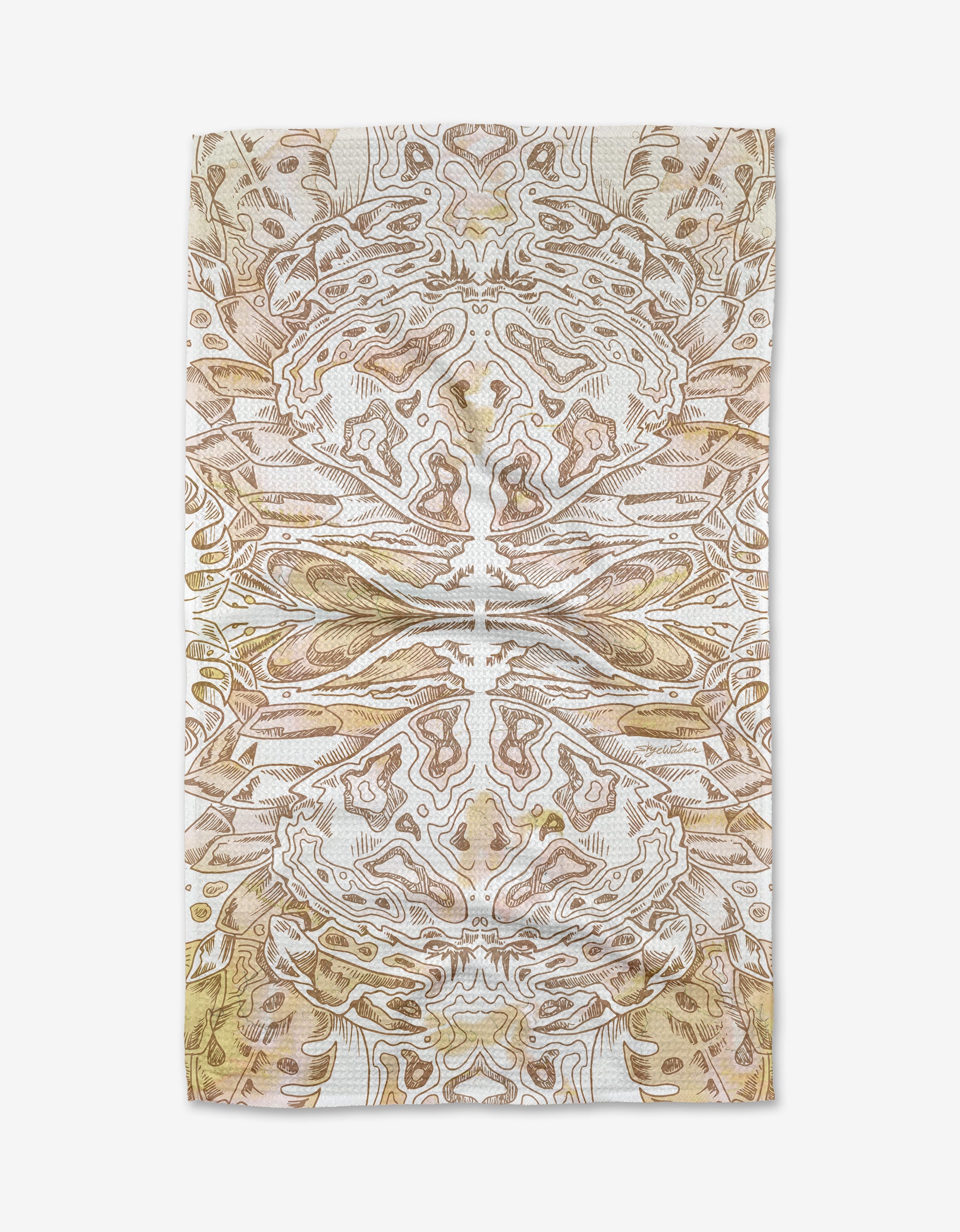 Crab by Skye Walker: Symmetrical, earthy-toned abstract pattern in beige, brown, tan, and light gold on Geoweave fabric with organic shapes and lines inspired by natural textures.