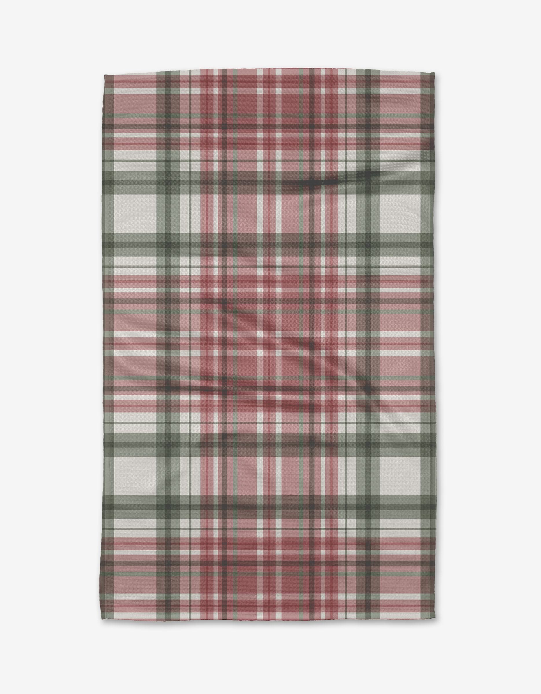 The Becki Owens Dasher tea towel is made from rectangular Geoweave fabric and features a red, green, and white plaid pattern, shown flat on a white background.