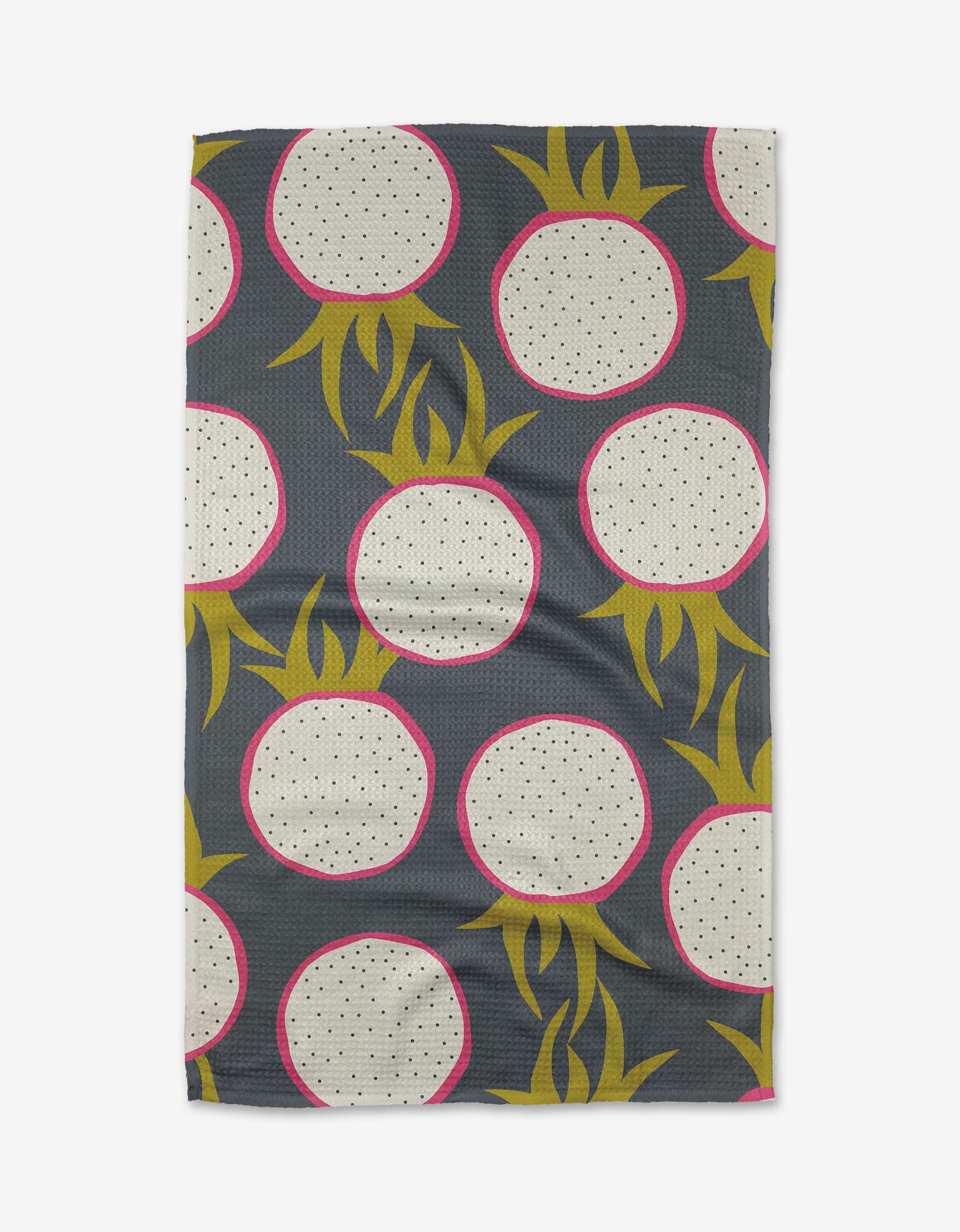 Dragon Fruit Frolic by Lizzie Clark is a dark gray Geoweave tea towel made from recycled materials, featuring white dragon fruit slices with pink outlines and green stems scattered across the surface.