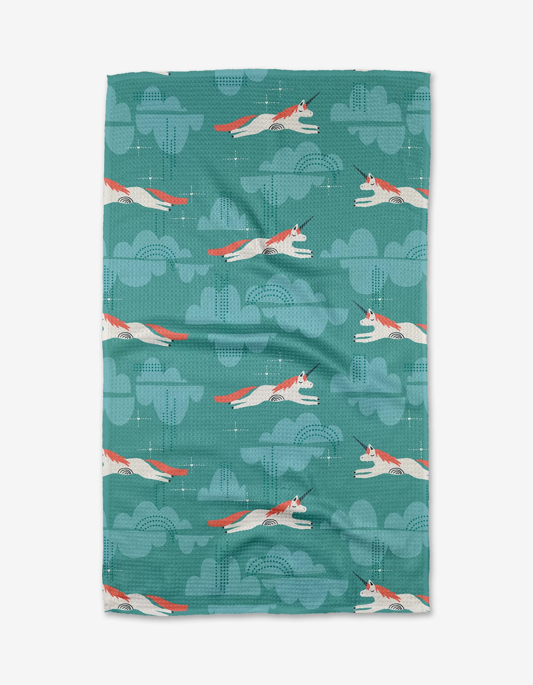 The Dream the Best tea towel by Jessica Swift features leaping white and orange foxes among light blue clouds on textured Geoweave fabric.