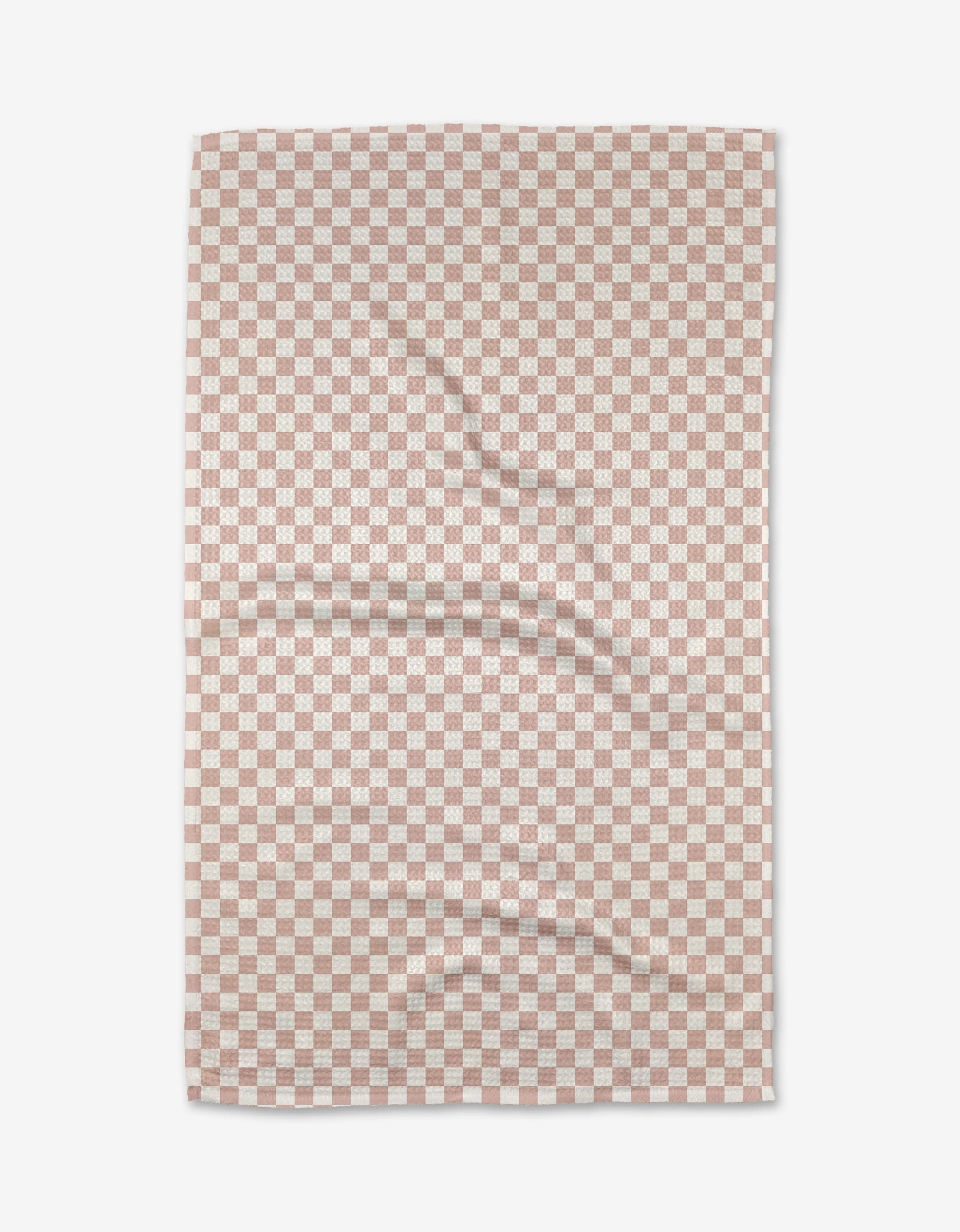 Ella by Charlie Rowan Designs is a rectangular tea towel featuring a red and white checkered pattern, laid flat with slight wrinkles on its Geoweave™ fabric surface.