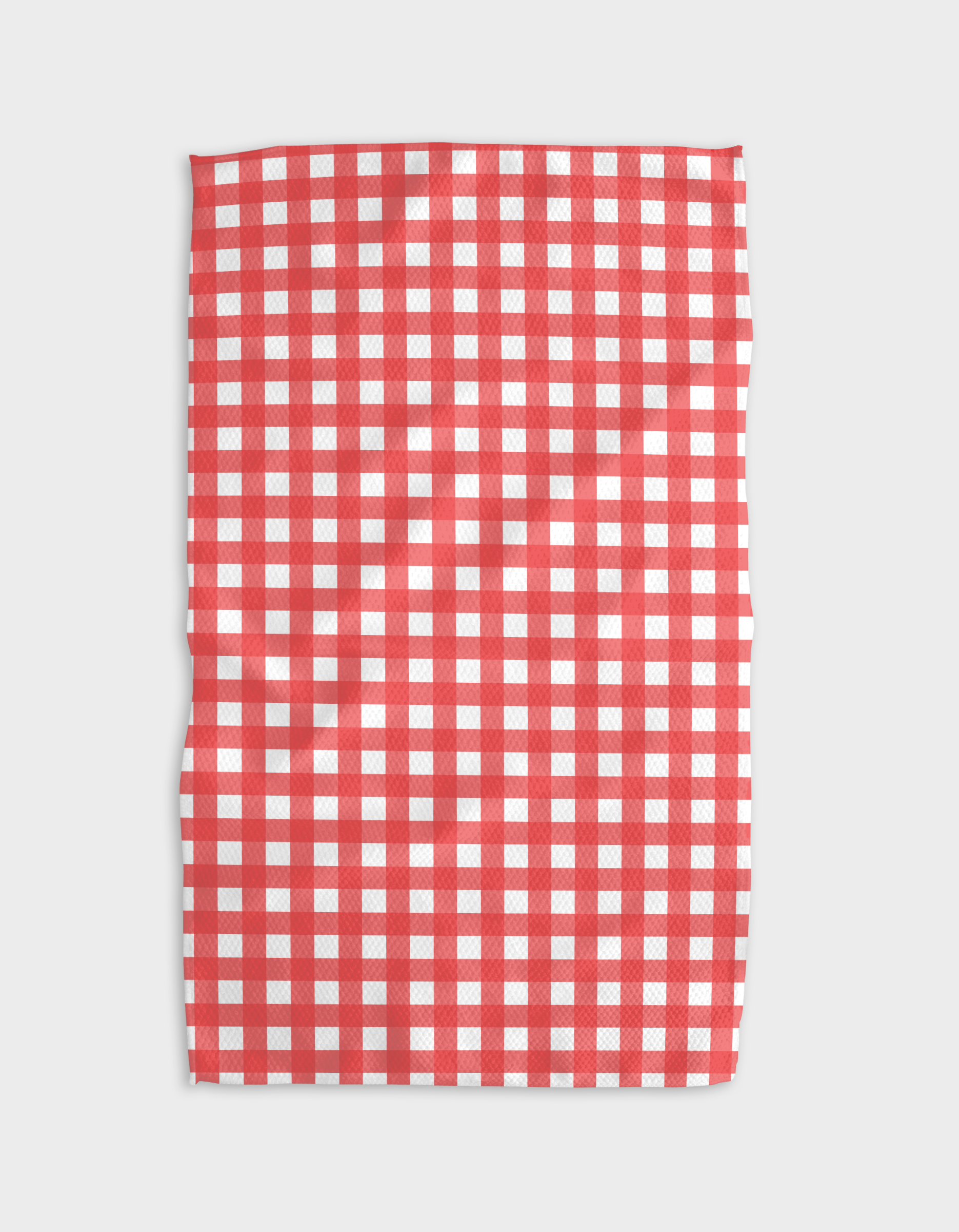 The Gigi - Candy Apple Tea Towel by The Buy Guide features a red and white checkered pattern, crafted from durable Geoweave™ fabric, and is displayed flat on a plain white background.